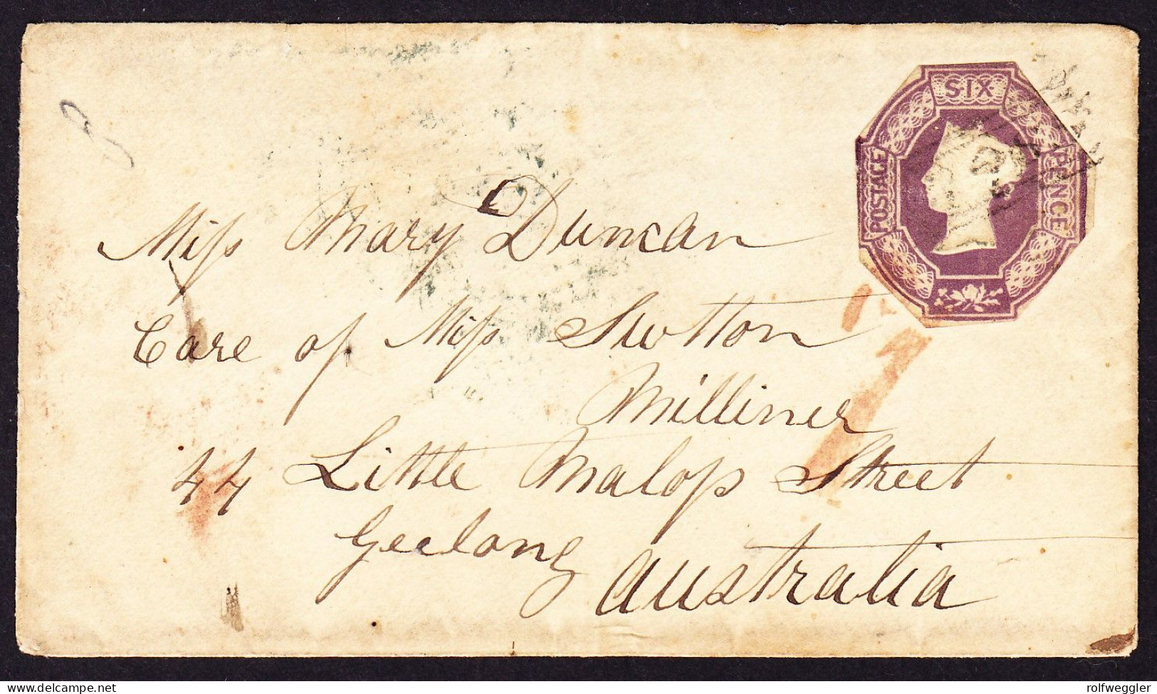 1856 Ausgeschnittene 6d Marke Auf Taxiertem Kleinen Brief Nach GEELONG, Australien. Briefklappe Fehlt. - Cartas & Documentos