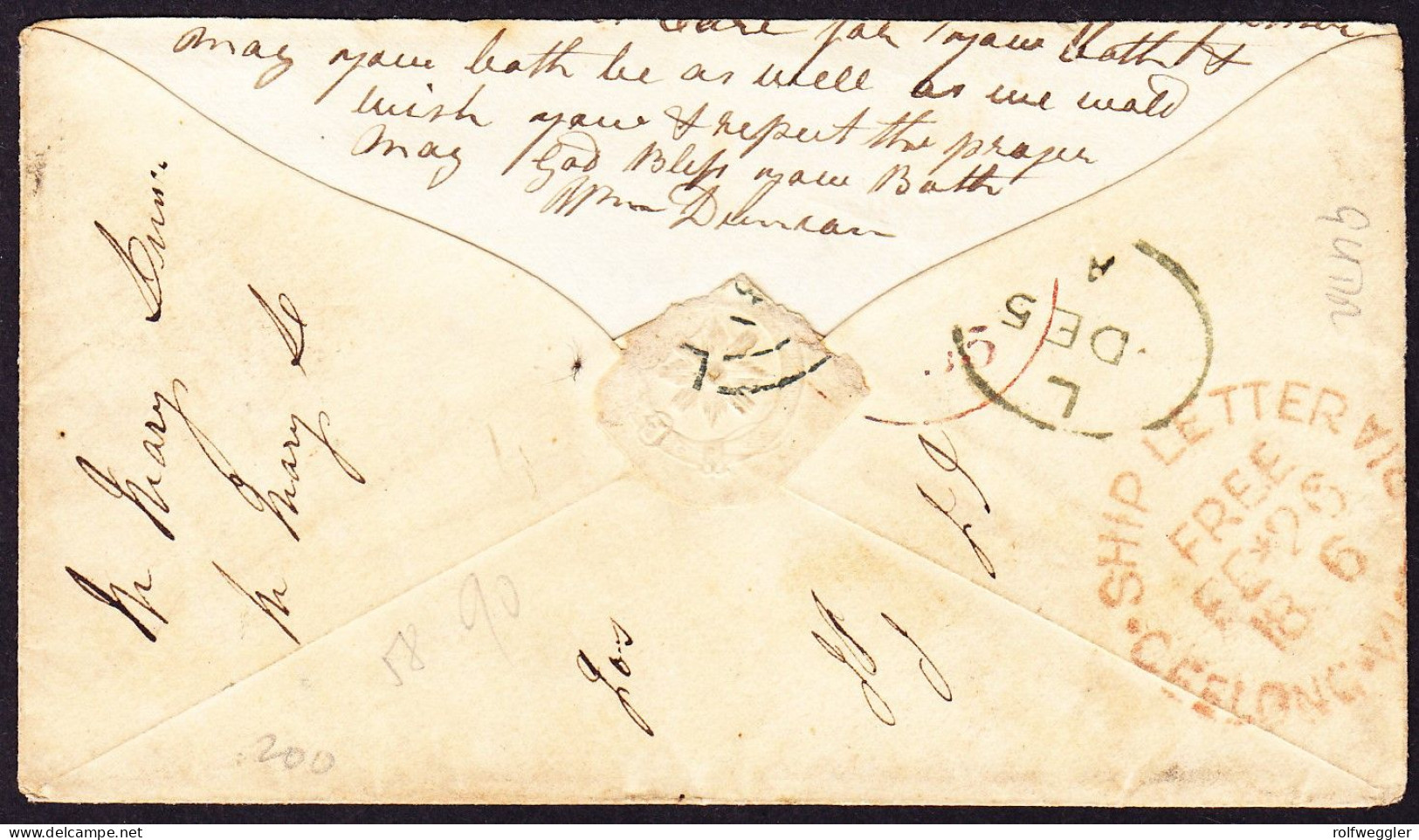 1856 Ausgeschnittene 6d Marke Auf Taxiertem Kleinen Brief Nach GEELONG, Australien. Briefklappe Fehlt. - Cartas & Documentos