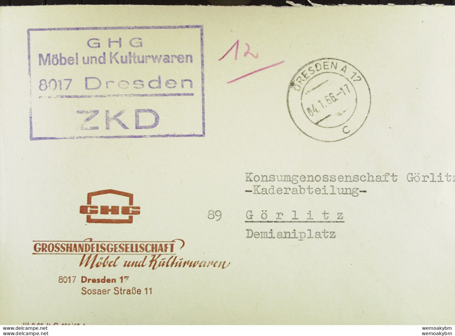 Fern-Brief Mit ZKD-Kastenstpl. "Großhandelsgesellschaft Möbel Und Kulturwaren 8017 Dresden" 4.1.66 An KONSUM Görlitz - Centrale Postdienst