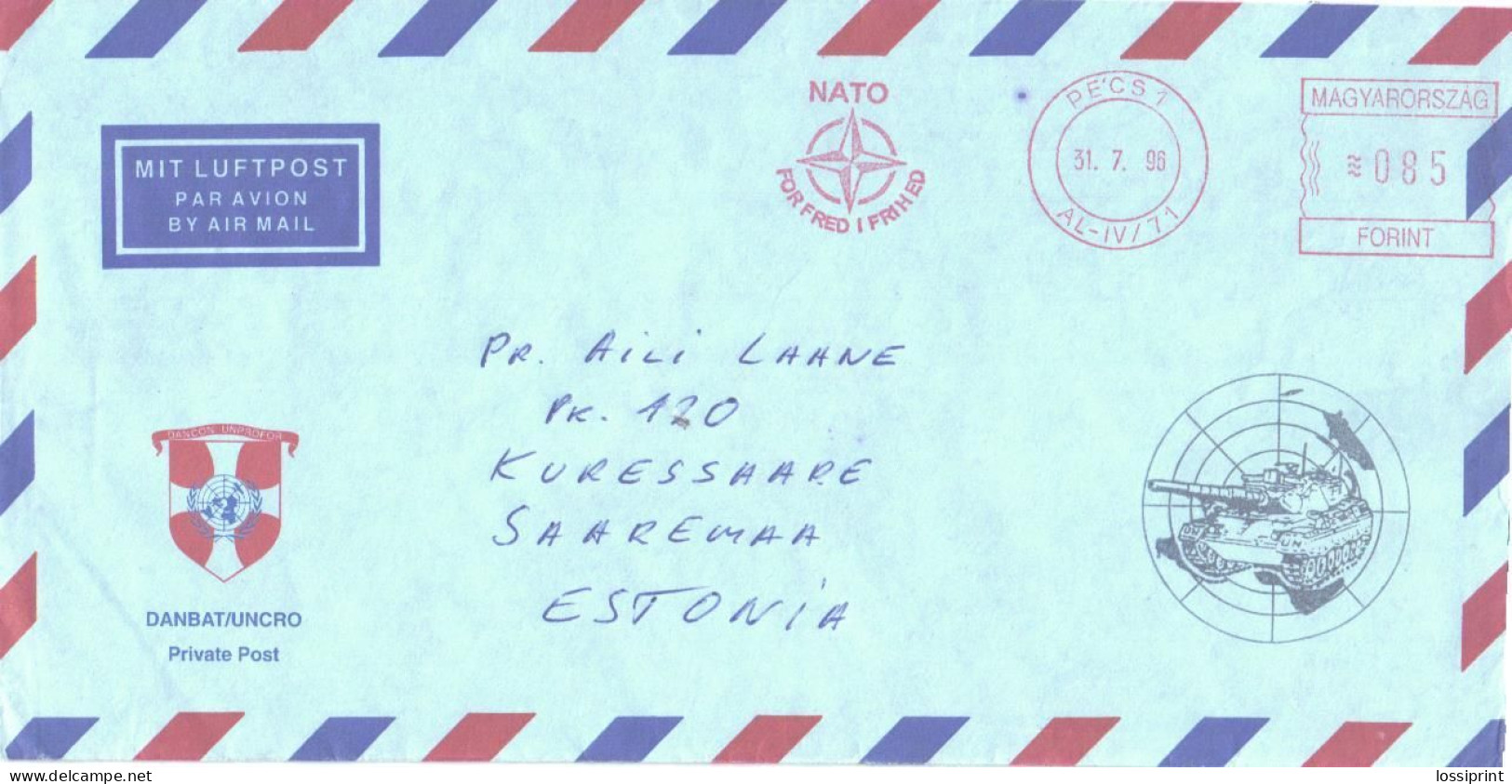 Hungary:NATO Special Cancellation And Cover, Air Mail, DanBat Private Post, 1996 - Dienstmarken