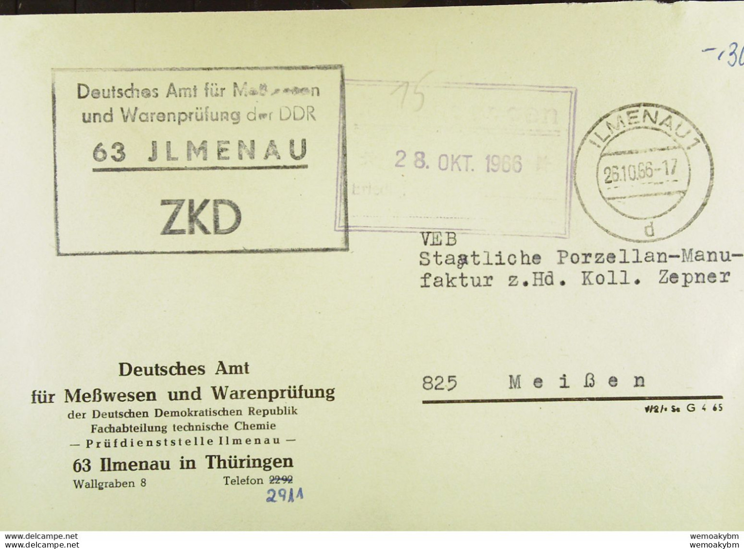 Fern-Brief Mit ZKD-Kastenstpl "Deutsches Amt Für Meßwesen Und Warenprüfung Der DDR 63 Ilmenau" 26.10.66 Nach Meißen - Zentraler Kurierdienst