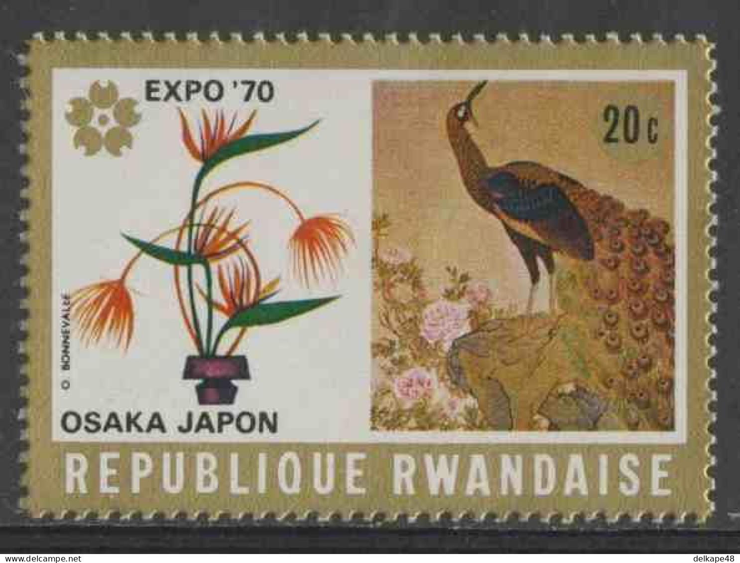 Ruanda Rwanda 1970 Mi 392 A YT 362 ** Flowers + Green Peafowl – “EXPO ‘70” World Fair Osaka, Japan / Blumen + Pfau - 1970 – Osaka (Japón)