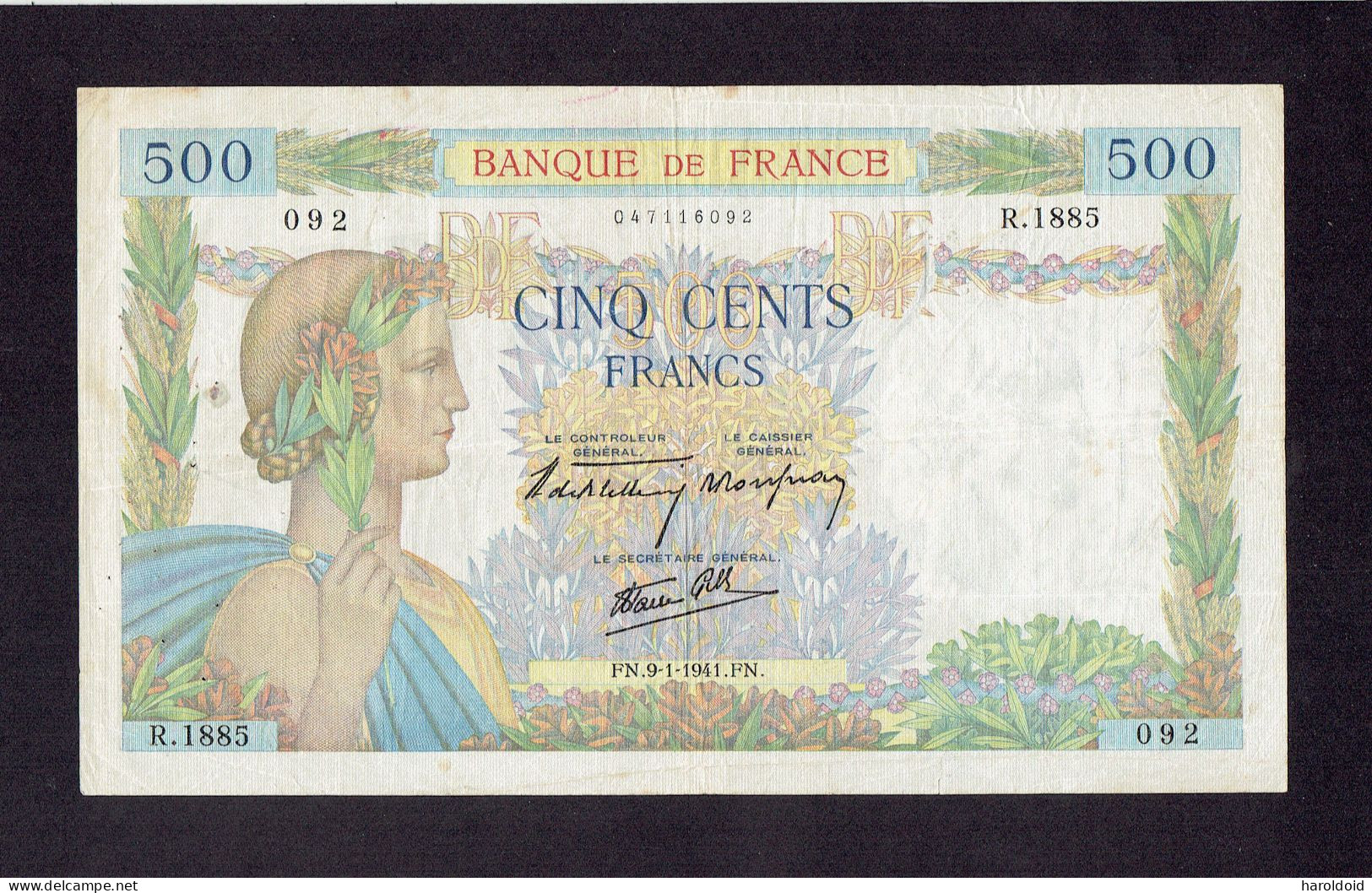 500 F LA PAIX - FN.9-1-1941.FN. - 500 F 1940-1944 ''La Paix''