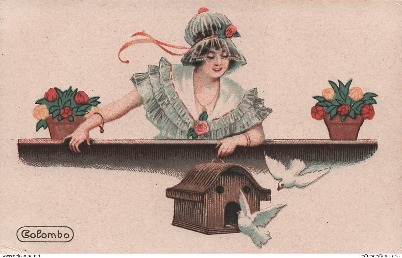 Illustrateur - Colombo - Femme Et Colombes - Abri A Oiseaux - Carte Postale Ancienne - Colombo, E.