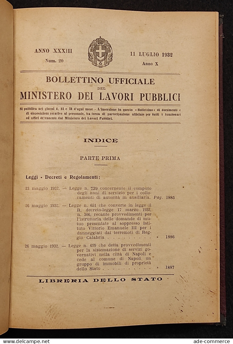 Bollettino Ufficiale -Ministero Lavori Pubblici -Lib. Stato -1932- Vol IV - Société, Politique, économie