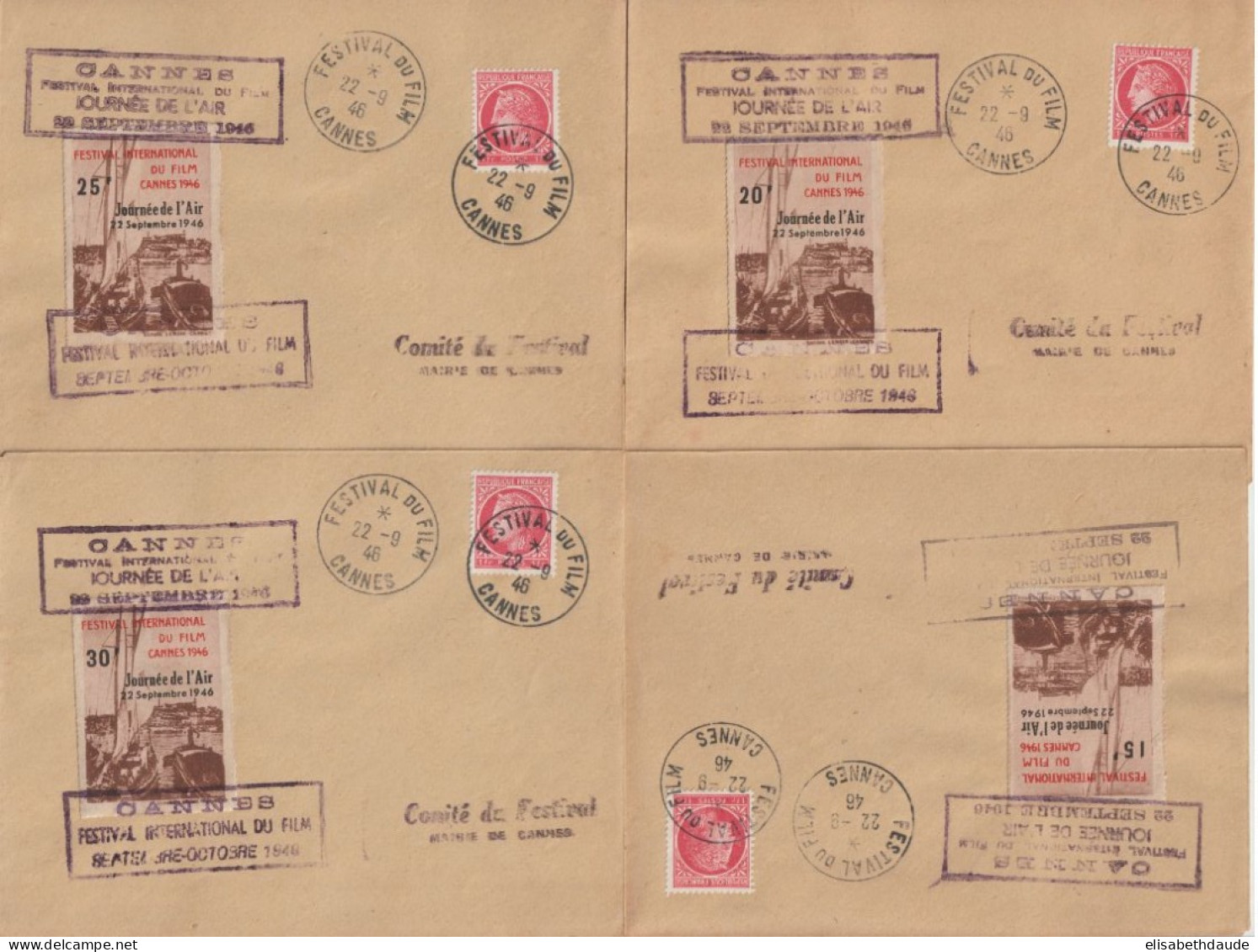 1946 - 4 VIGNETTES DIFFERENTES (SURCHARGE JOURNEE DE L'AIR !) + CACHET "FESTIVAL DU FILM CANNES" ! Sur ENVELOPPES - Lettere