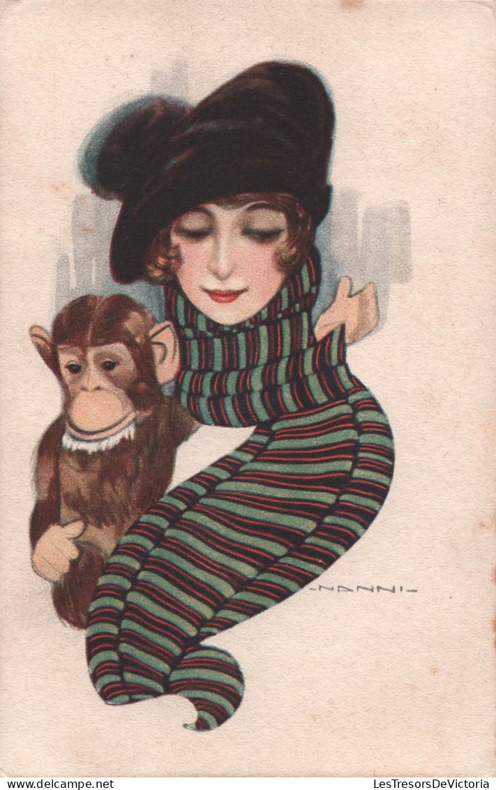 Illustrateur - Nanni - Portrait De Femme Avec Echarpe Rayée Et Singe - Carte Postale Ancienne - Nanni