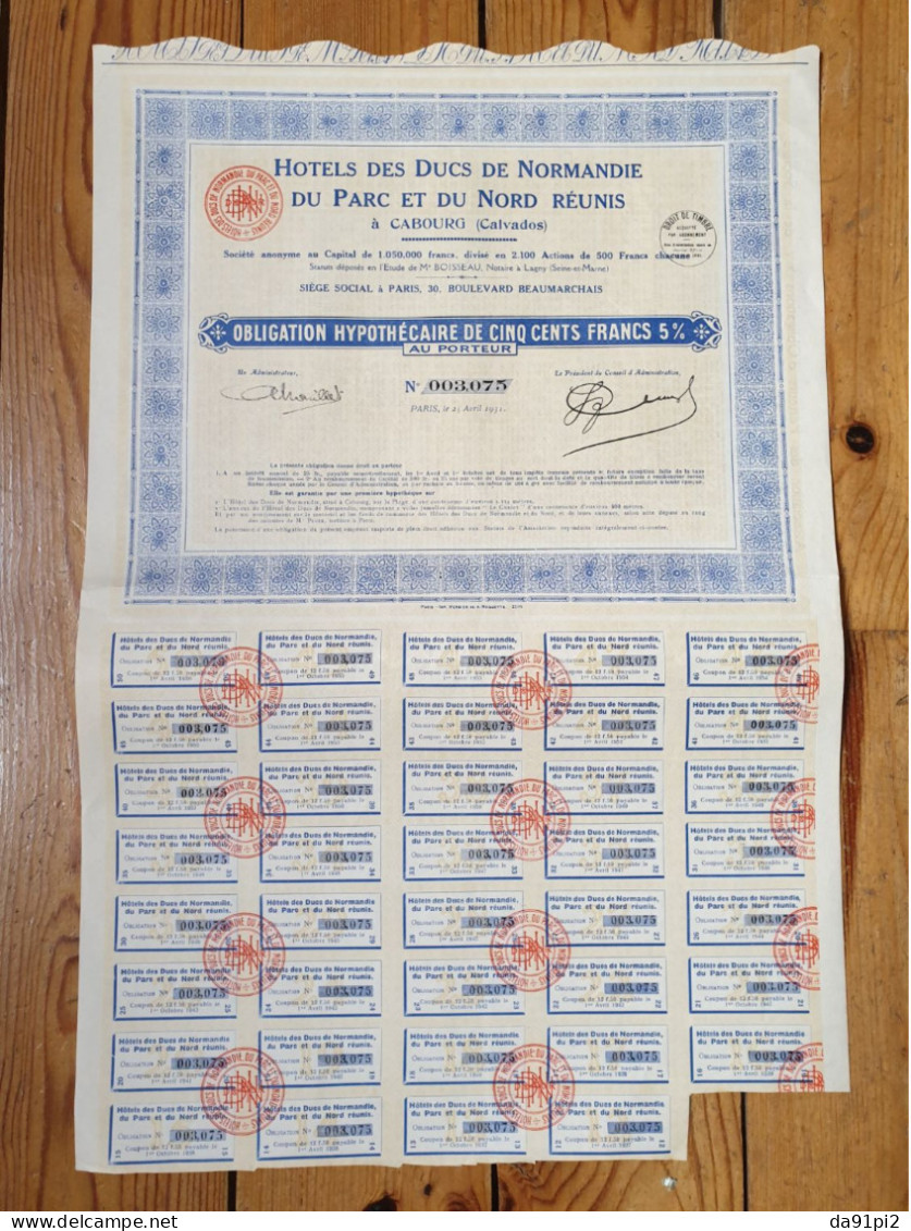 Obligation De 500 Francs Hotel Des Ducs De Normandie Cabourg Calvados - Toerisme