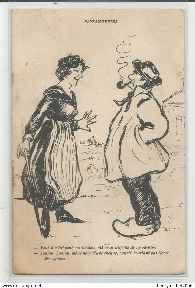 Cpa Illustrateur Paysannerie Femme Loulou Et Paysan Avec Sa Pipe - Humour