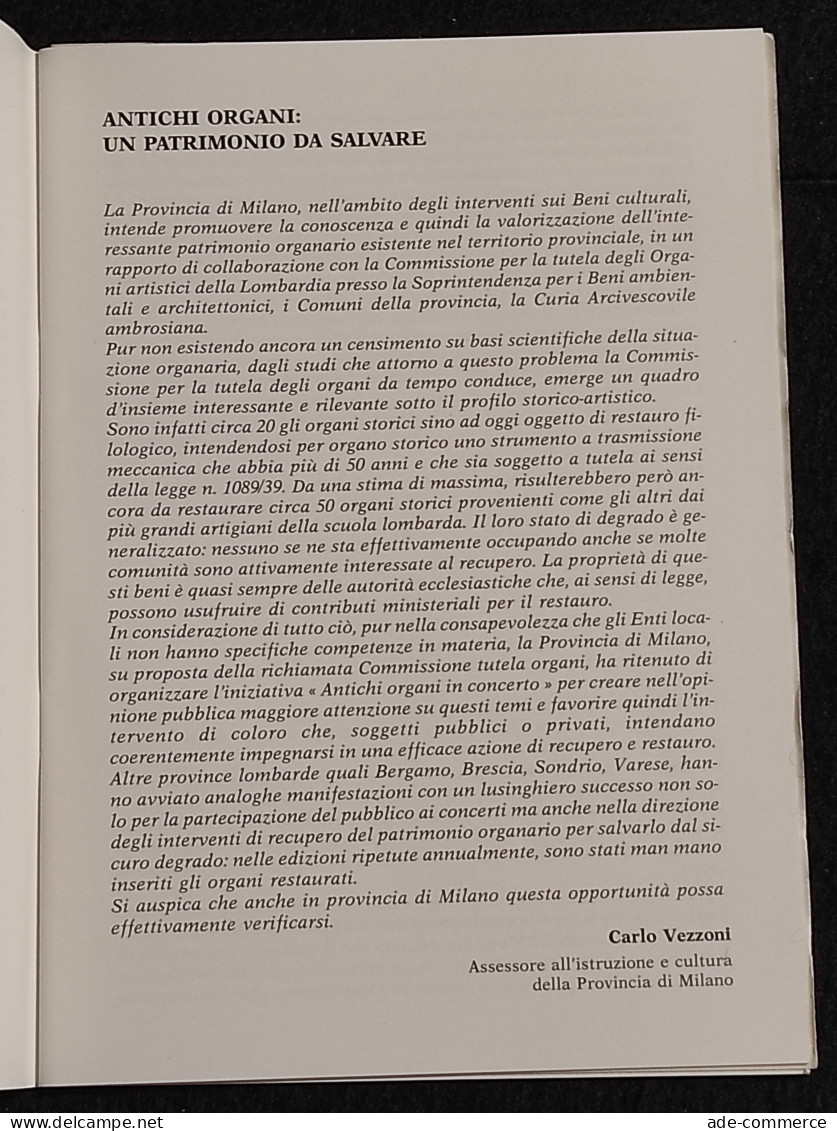 Antichi Organi In Concerto Nei Comuni Della Provincia Di Milano - 1986 - Cinema Y Música
