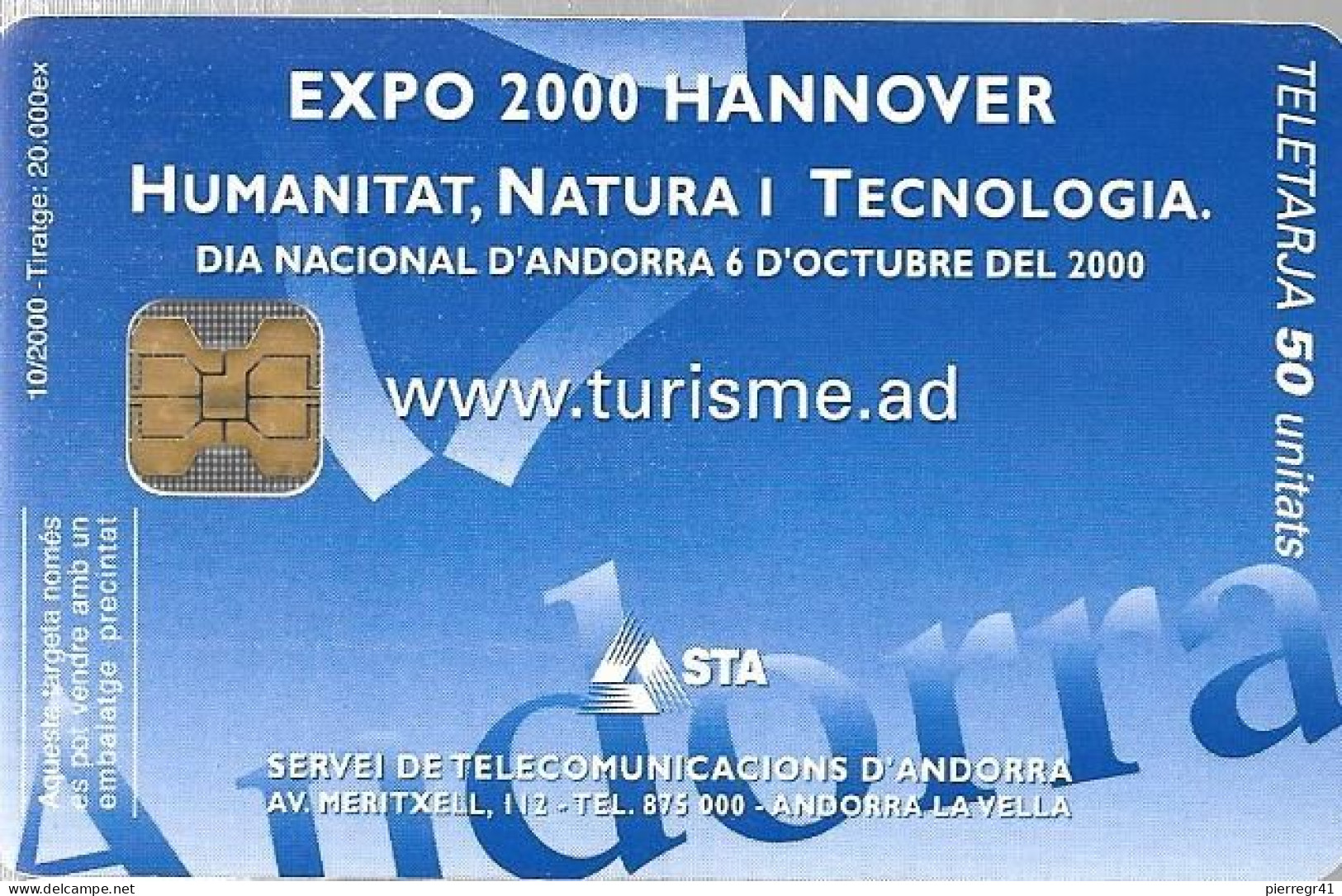 CARTE-PUCE-ANDORRE-50U-AND118-OB2-10/2000-EXPO 2000 HANNOVER-TBE - Andorre