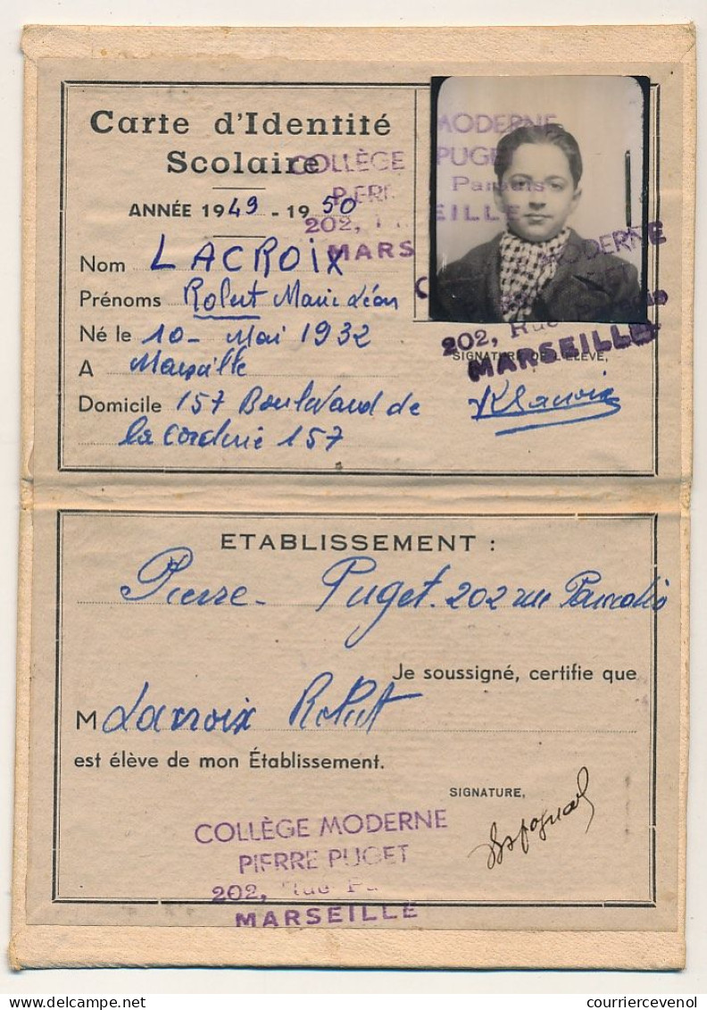 FRANCE - Carte D'identité Scolaire - Collège Pierre Puget - Marseille - 1949/1950 - Diplome Und Schulzeugnisse