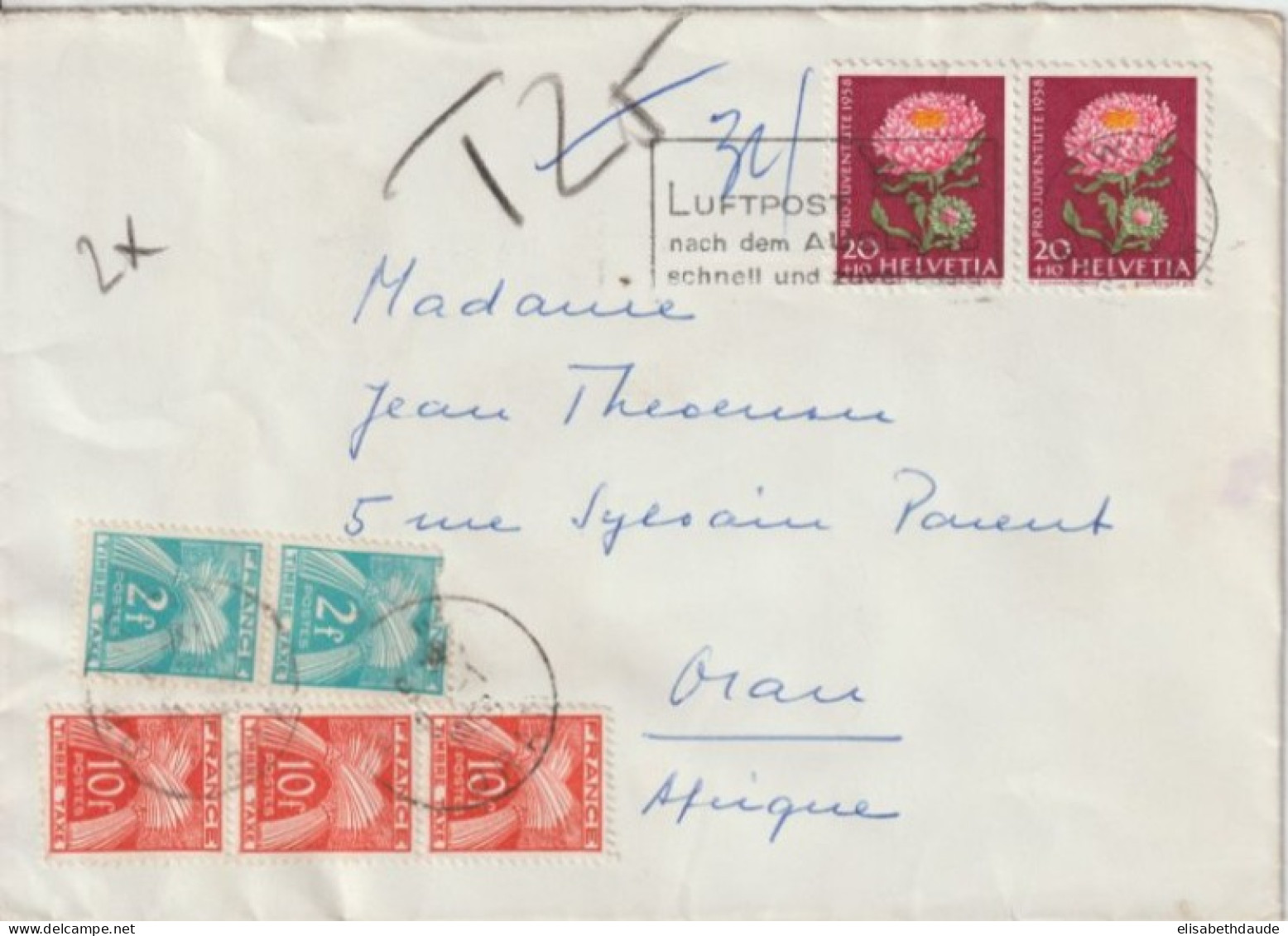 1958 - SUISSE / ALGERIE - TAXE GERBES PRO JUVENTUTE ! ENVELOPPE De WIL => ORAN (ALGERIE) !! - Storia Postale