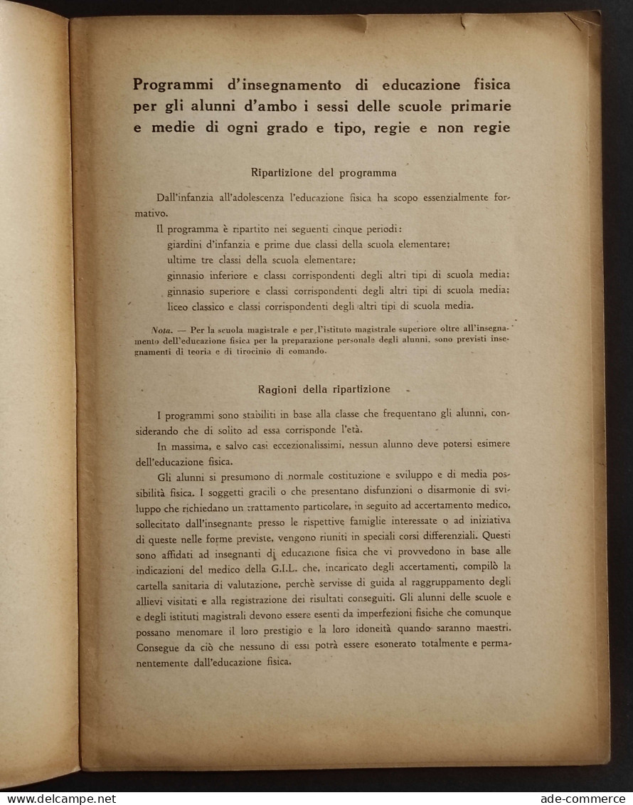 Gioventu' Littorio - Programmi Di Educazione Fisica Per Scuole Elementari - Sport