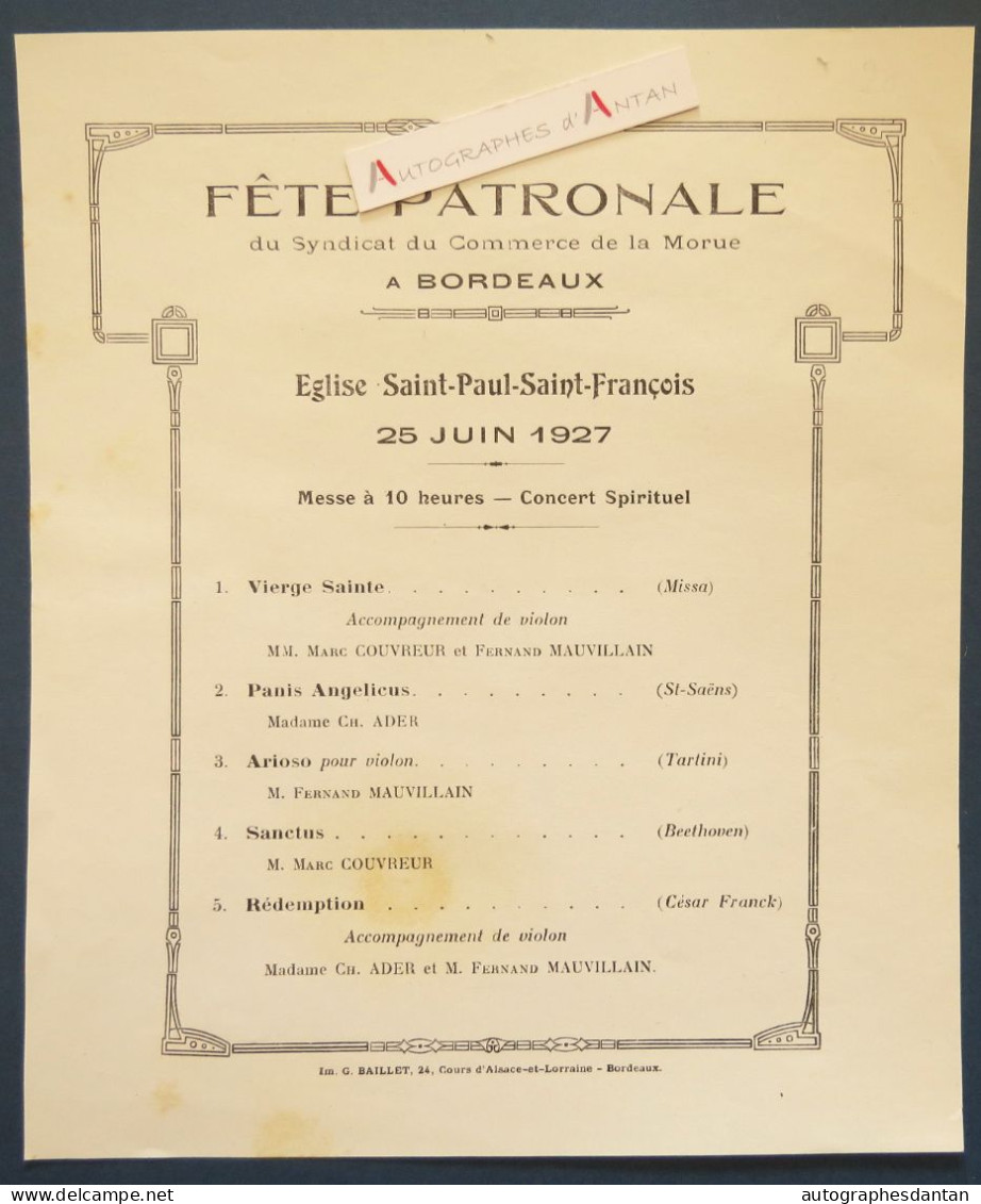 ● 1927 Fête Patronale Du Syndicat De Commerce De La Morue BORDEAUX Eglise Saint Paul Saint François - Programme Concert - Programmes