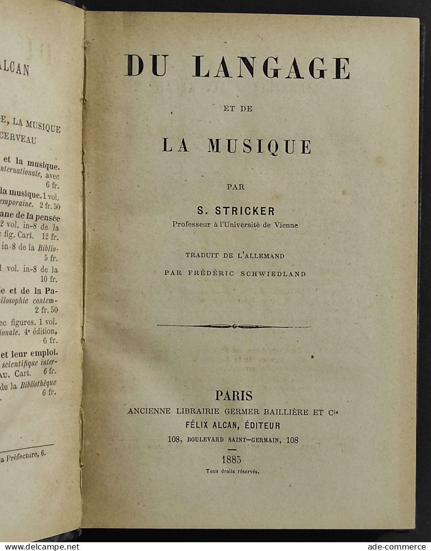 Du Langage Et De La Musique - S. Stricker - Ed. Felix Alcan - 1885 - Libri Antichi