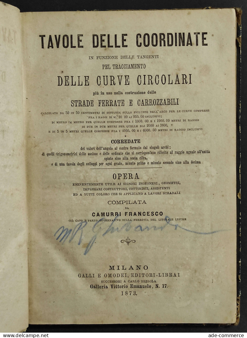 Tavole Delle Coordinate Per Tracciamento Curve Circolari - C. Francesco - Ed. G. Omedei - 1873 - Libri Antichi