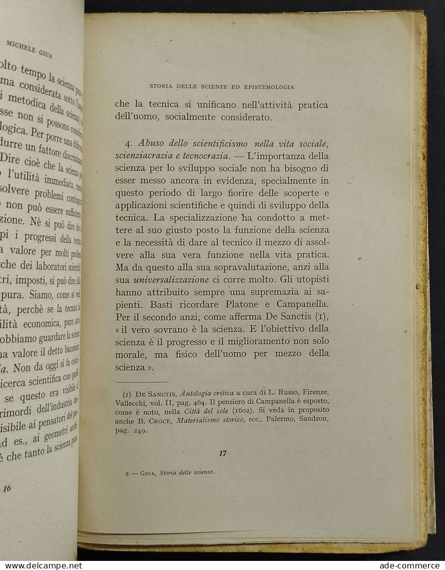 Storia Delle Scienze Ed Epistemologia - M. Giua - Ed. Chiantore - 1945 - Matemáticas Y Física