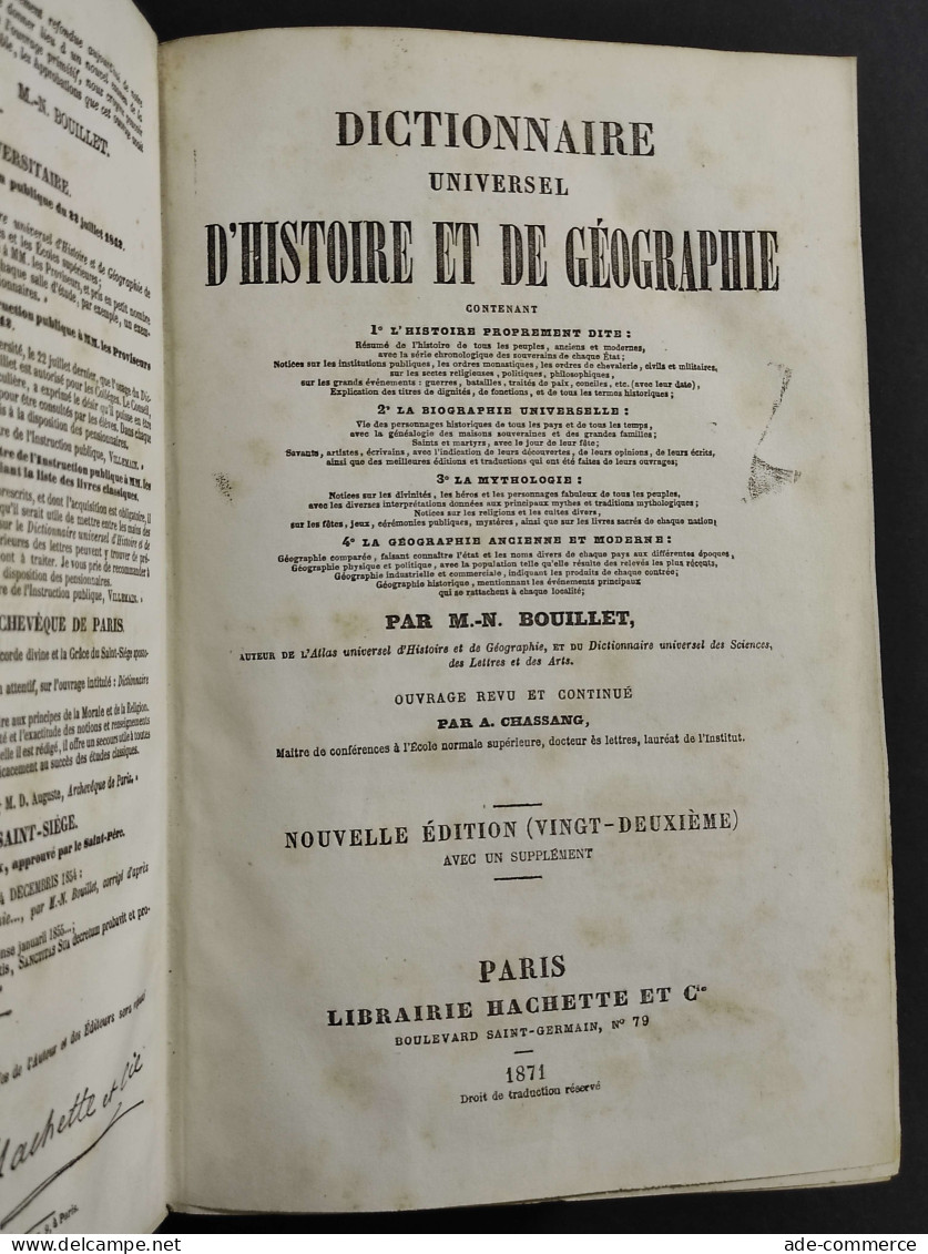 Dictionnaire Universel Histoire Geographie - Bouillet - Ed. Hachette - 1871 - Libri Antichi