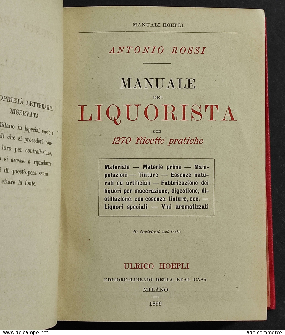 Manuale Del Liquorista - 1270 Ricette Pratiche - A. Rossi - Ed. Hoepli - 1899 - Manuali Per Collezionisti