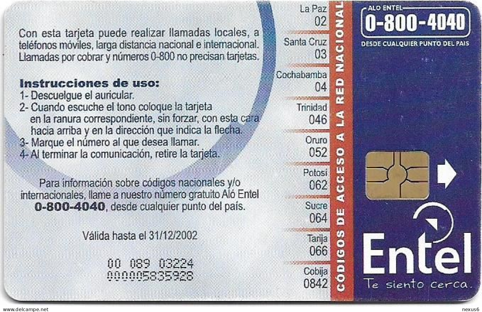 Bolivia - Entel (Chip) - Máscara De Pepino (Type 2), Gem5 Red, 2002, 5Bs, Used - Bolivie