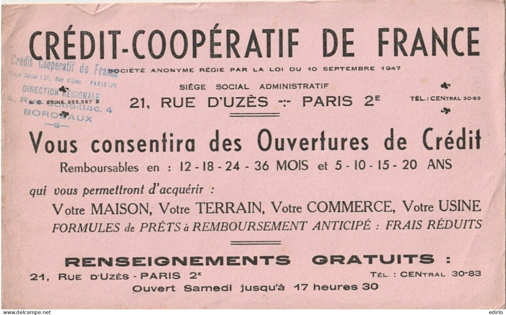 *** BUVARDS  ***  BUVARD  Crédit Coopératif De France En L'état - Rue D'Uzés PARIS - Bank & Insurance