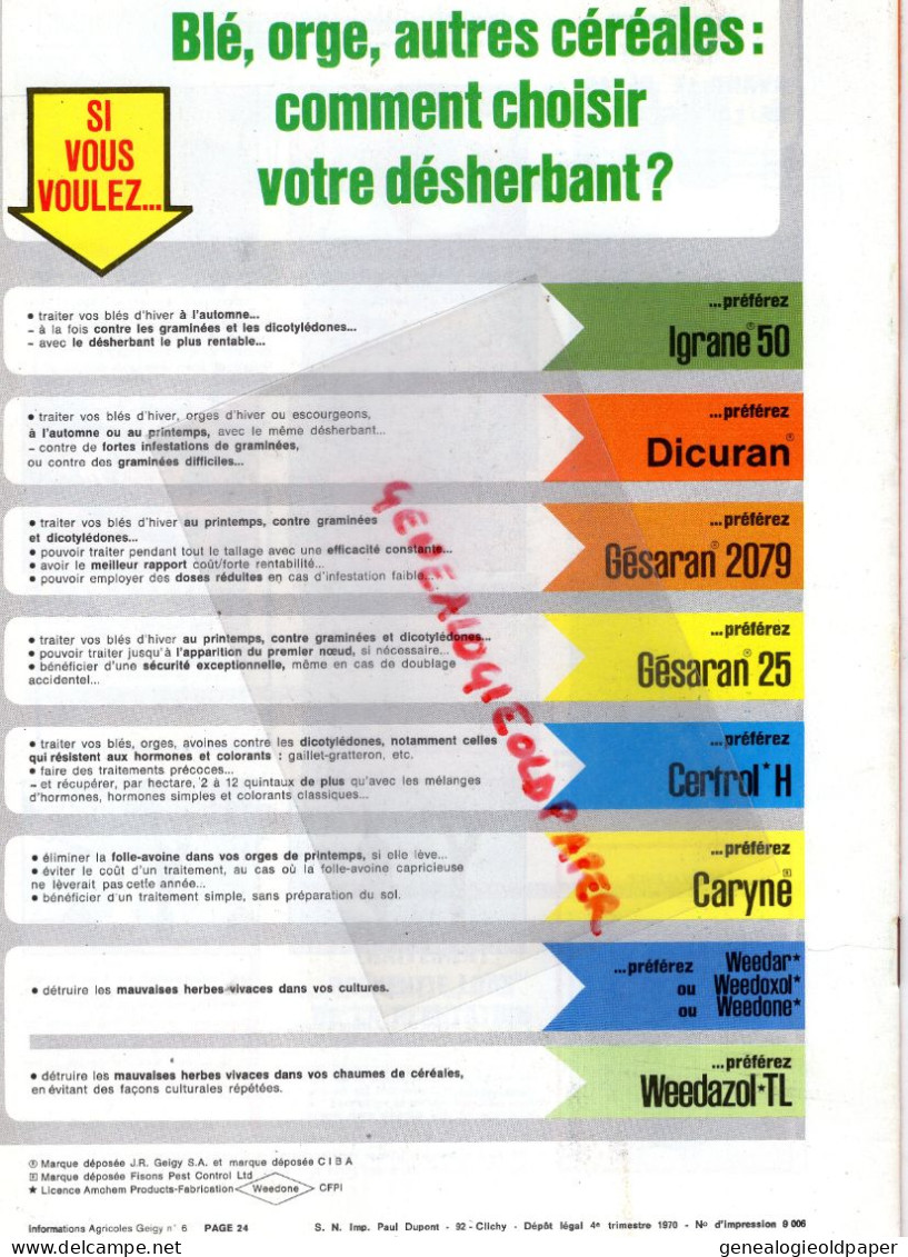 92-CLICHY-REVUE INFORMATIONS AGRICOLES AGRICOLE GEIGY-1970-DESHERBAGE VIGNE- CHLOROSE-MAIS-PAILLAGE--AGRICULTURE - Agriculture