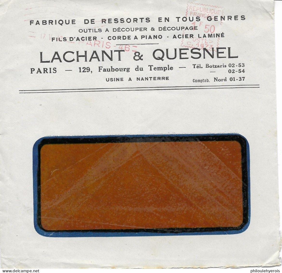 PARIS (75) Fabrique De Ressorts Cordes A Pianos Ect Lachant Quesnel 1946 Oblitération Mécanique En Rouge - Non Classés