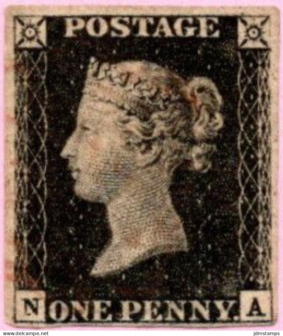 GBR SC #1 U (N,A) 1840 Queen Victoria 4 Margins W/light Red Cancel CV $375.00 - Usados