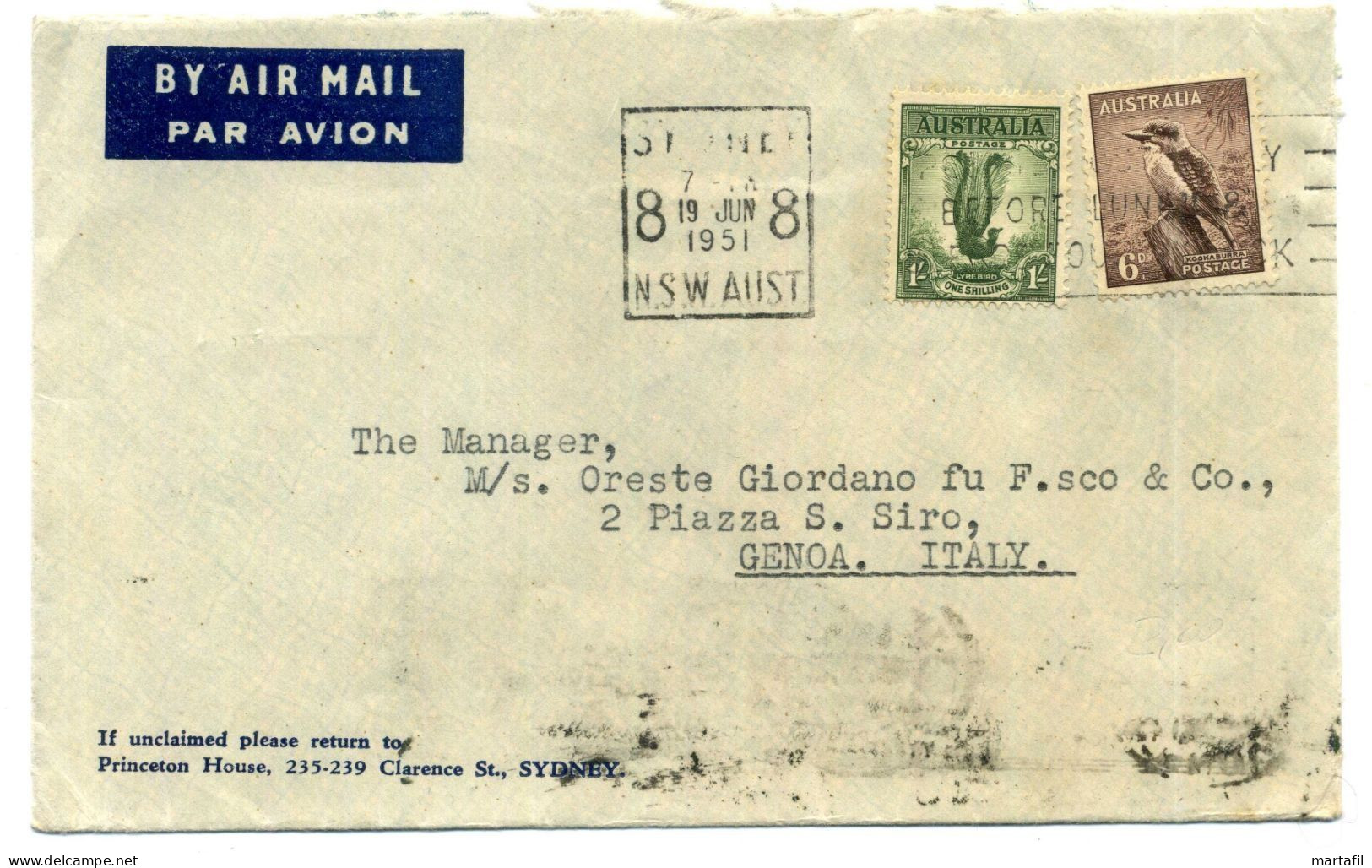 1951 Busta SYDNEY, N.S.W. Per Genoa, Retro T. "ANCONA XI Fiera Nazionale Di Pesca E Della Caccia" - Cartas & Documentos