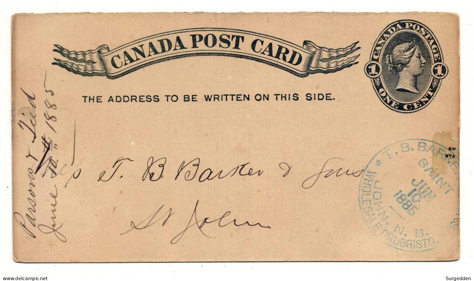 Post Card, Canada, Benton 1885 Nach Saint John, New Brunswick - 1860-1899 Regering Van Victoria