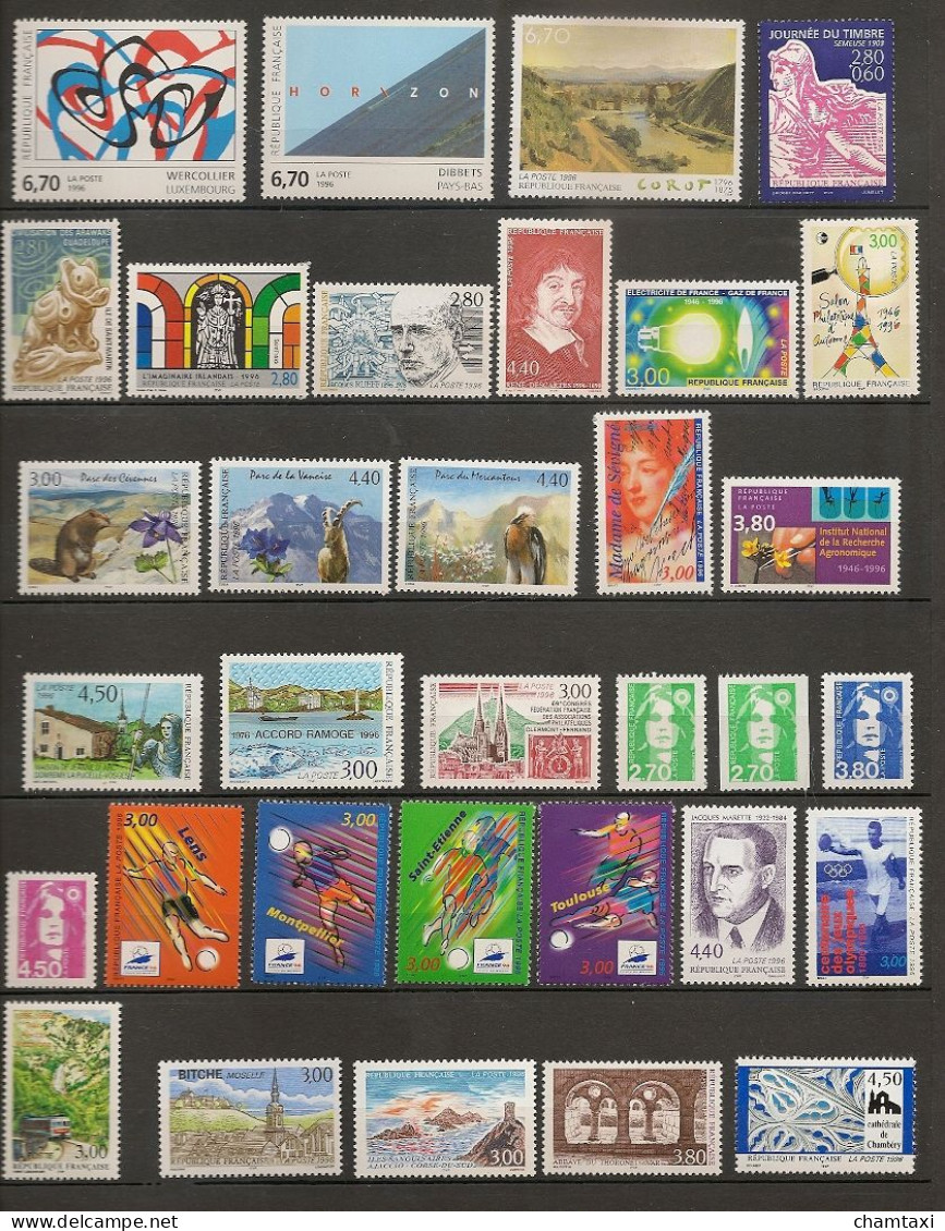 FRANCE 1996 ANNEE COMPLETE 52 TIMBRES EMIS EN FEUILLE + ROULETTE + 3 CARNETS 2992 2045 3031 + UNESCO - 1990-1999