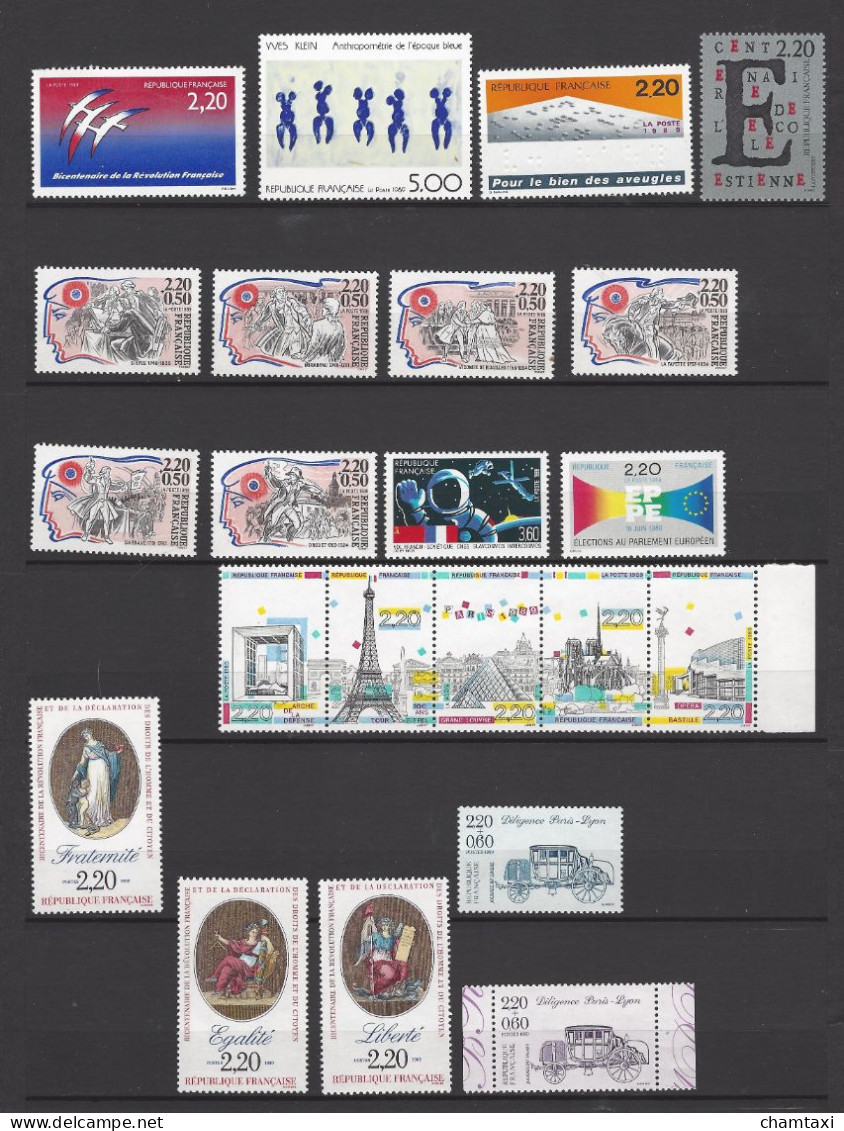 FRANCE 1989 ANNEE COMPLETE 35 TIMBRES EMIS EN FEUILLE  2578 BANDE 2583 2605A BLOC 10 BLOC 11 Carnets 2570 2612 A 2578 A - 1980-1989