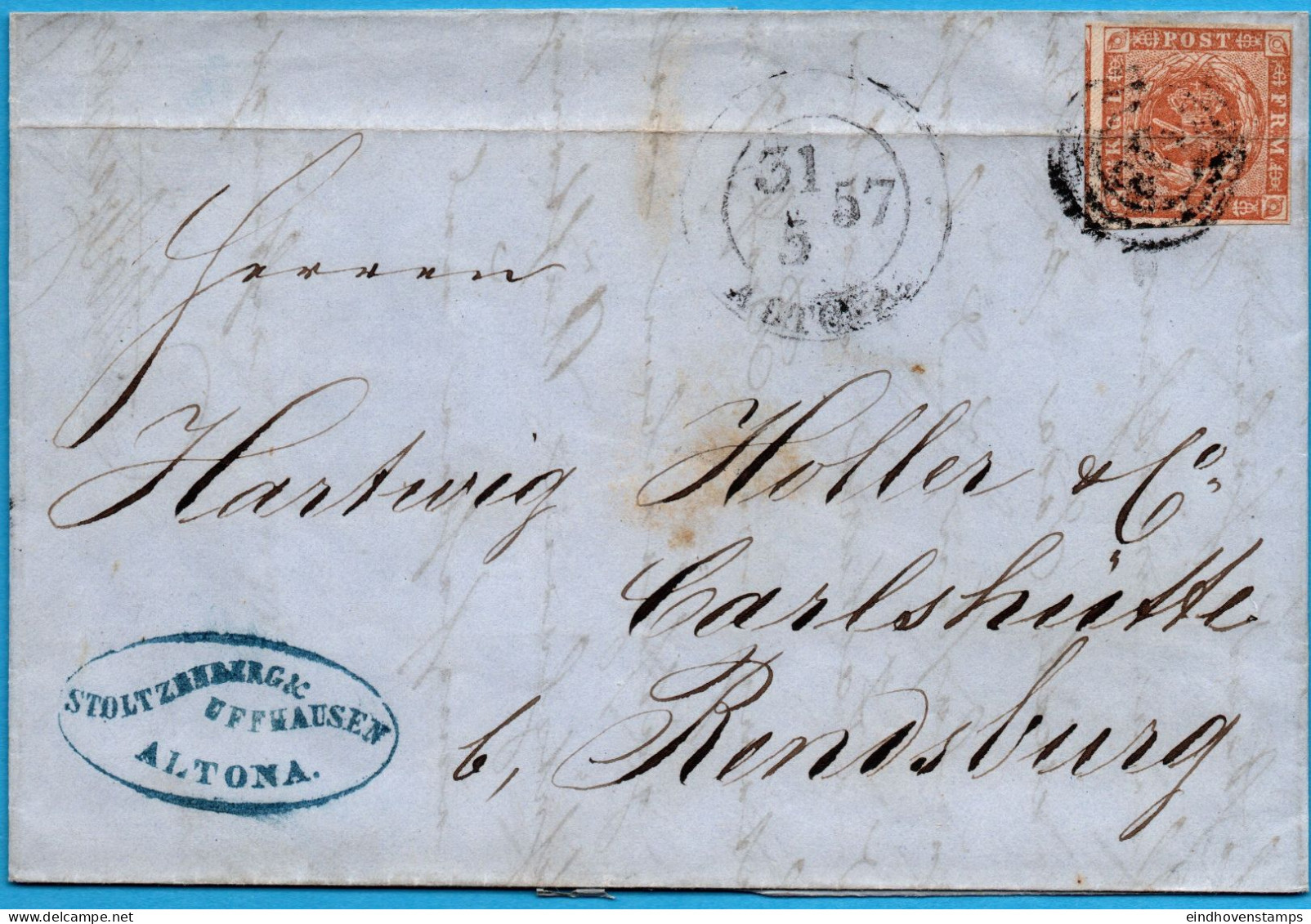 Altona Germany, Danish Postoffice 1858, Full Letter Postmarked Altona 31.5.57, Franked 4 S To Rendsburg, 2303.2012 - Cartas & Documentos