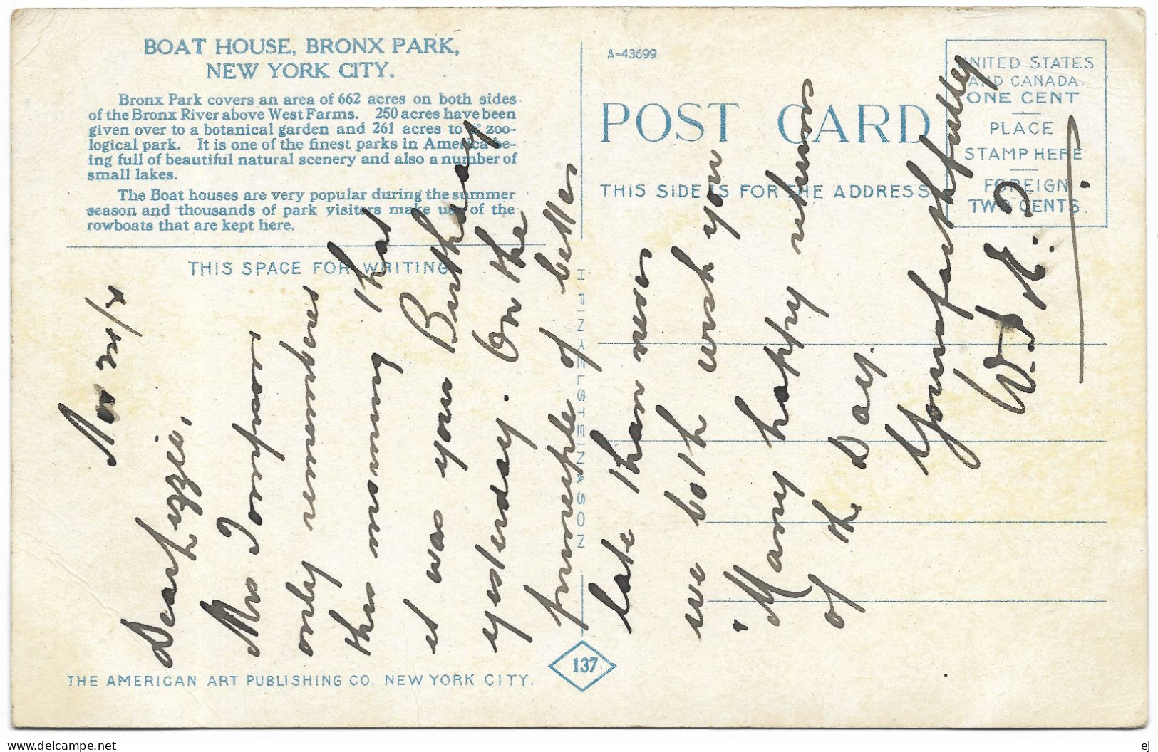 Boat House Bronx Park New York City - C1925 - The American Art Pub Co - Parchi & Giardini