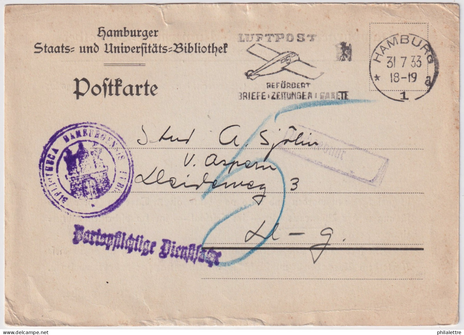 ALLEMAGNE / GERMANY - 1933 Unfranked Card (paid By Recipient - Portopflichtige Dienstsache) Used Locally In Hamburg - Storia Postale