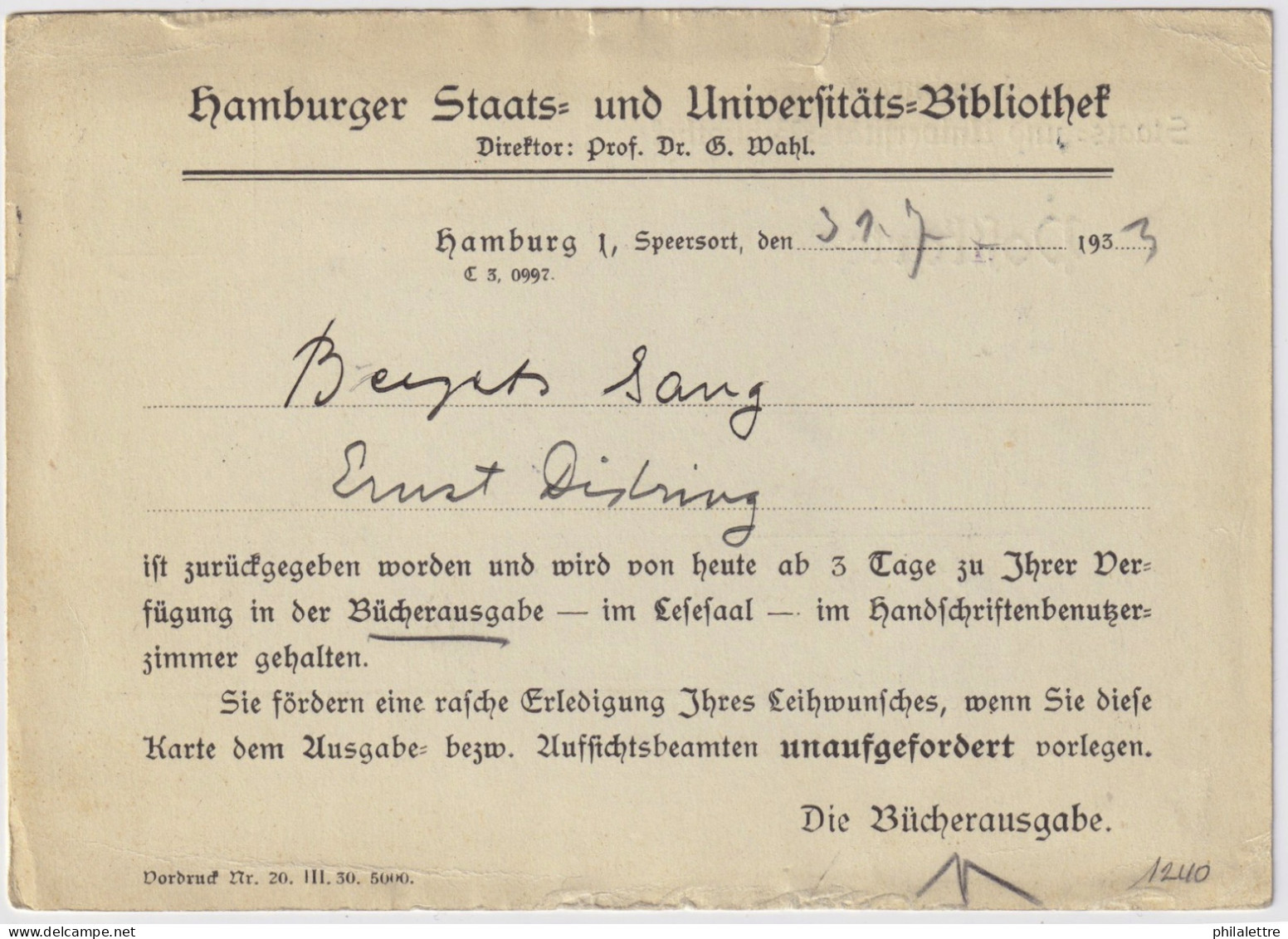 ALLEMAGNE / GERMANY - 1933 Unfranked Card (paid By Recipient - Portopflichtige Dienstsache) Used Locally In Hamburg - Lettres & Documents