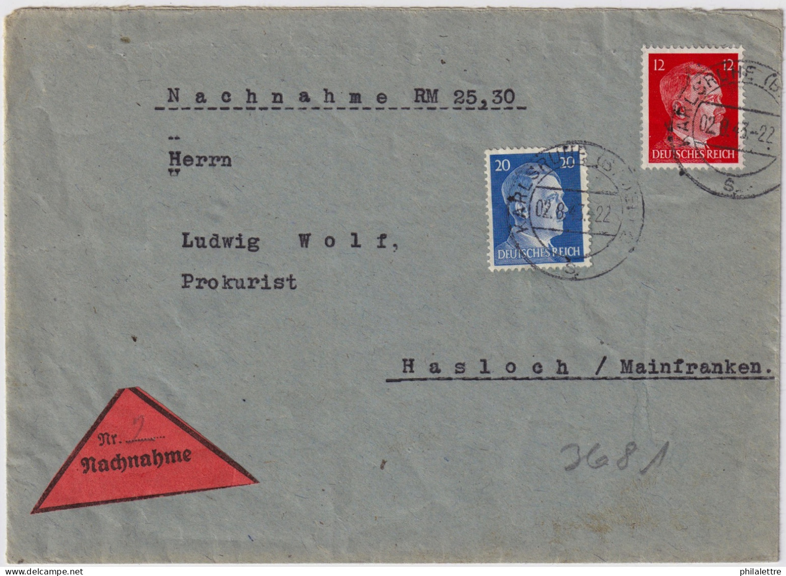 ALLEMAGNE / GERMANY - 1943 "Nachnahme" (C.O.D.) Cover Franked Mi.788 & Mi.791 From KARLSRUHE To HASSLOCH A. MAINFRANKEN - Lettres & Documents