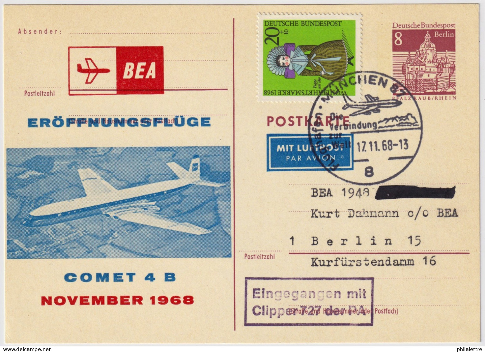 ALLEMAGNE / GERMANY - BERLIN - 1968 8pf Card (Mi.P70) First BEA Flight Munich To Berlin By Comet 4B - Cartas & Documentos