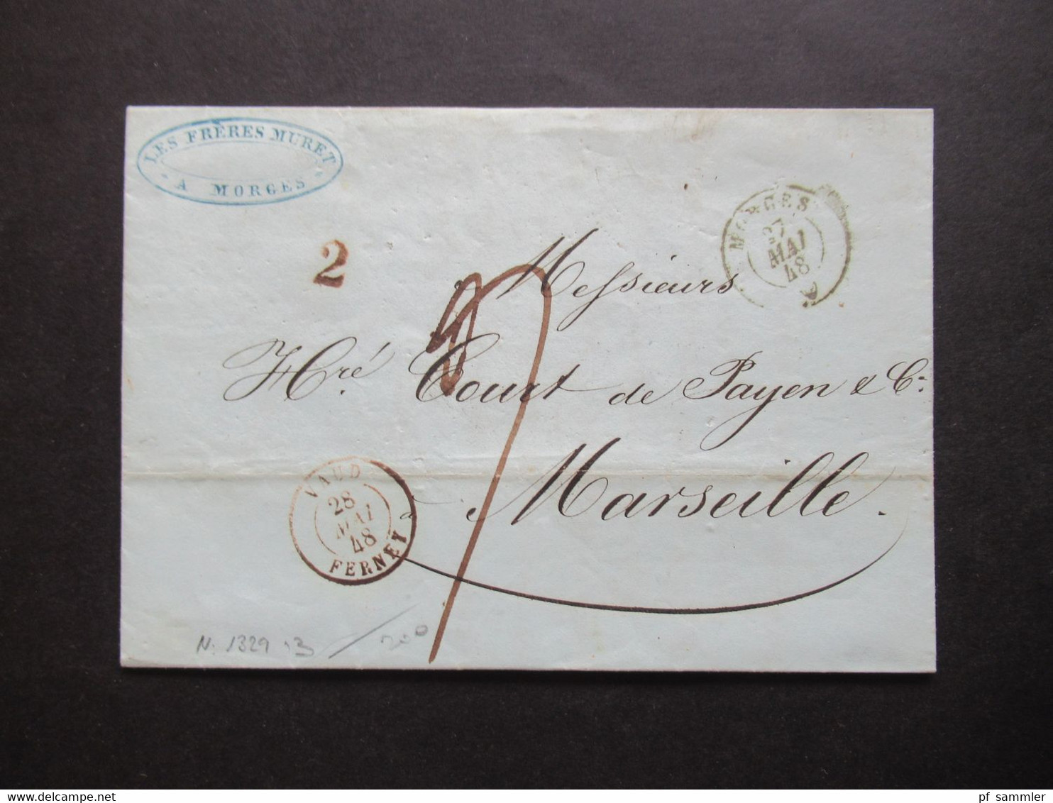 Schweiz 27.5.1848 Stempel K2 Morges K2 Vaud Ferney Taxvermerk Stempel 2 Nach Marseille Rücks. K2 Coppet - 1843-1852 Poste Federali E Cantonali