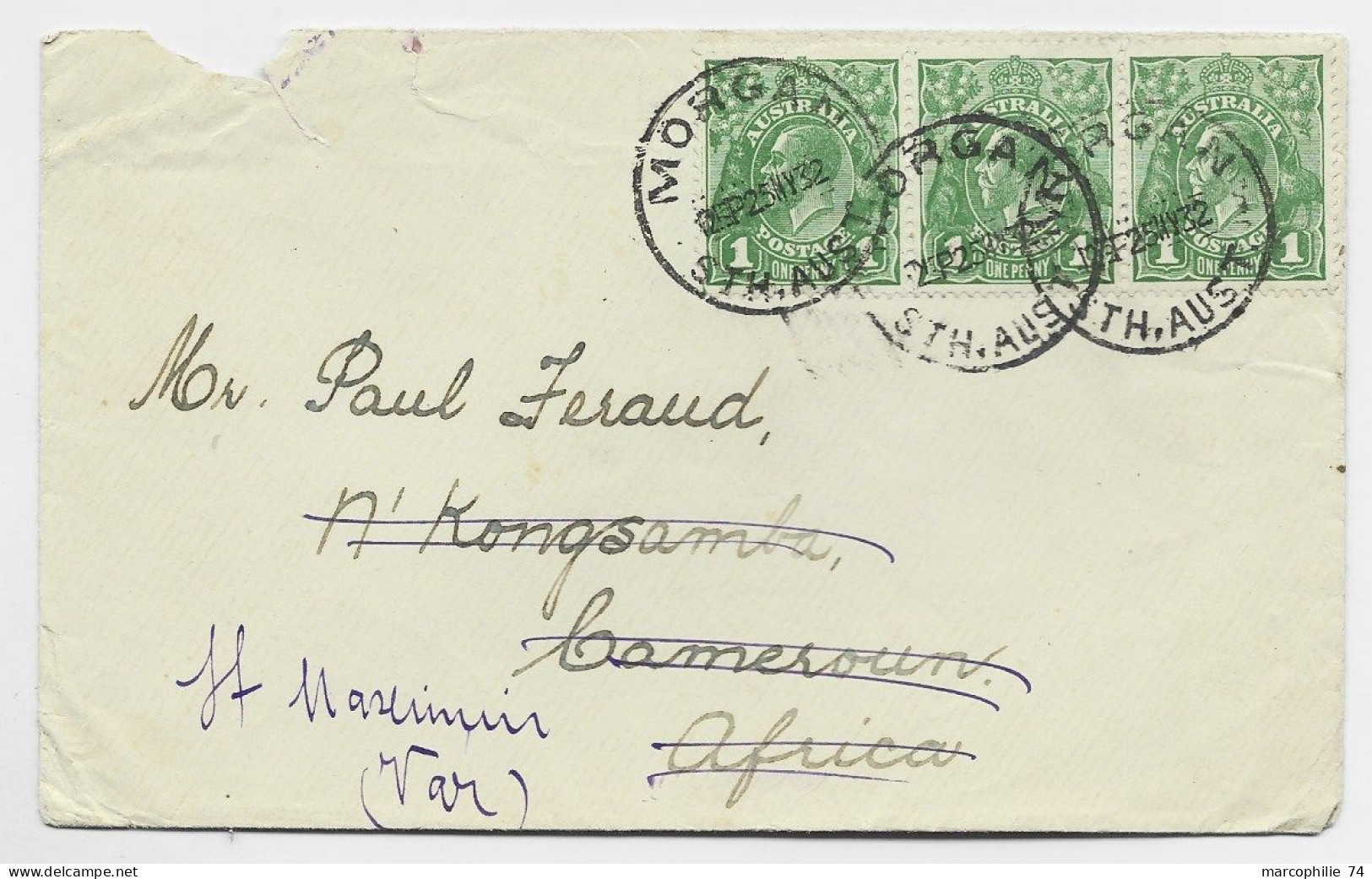 AUSTRALIA ONE PENNYX3 LETTRE COVER MORGAN SEP 25 1932 TO CAMEROUN AFRICA REEXP FRANCE - Briefe U. Dokumente