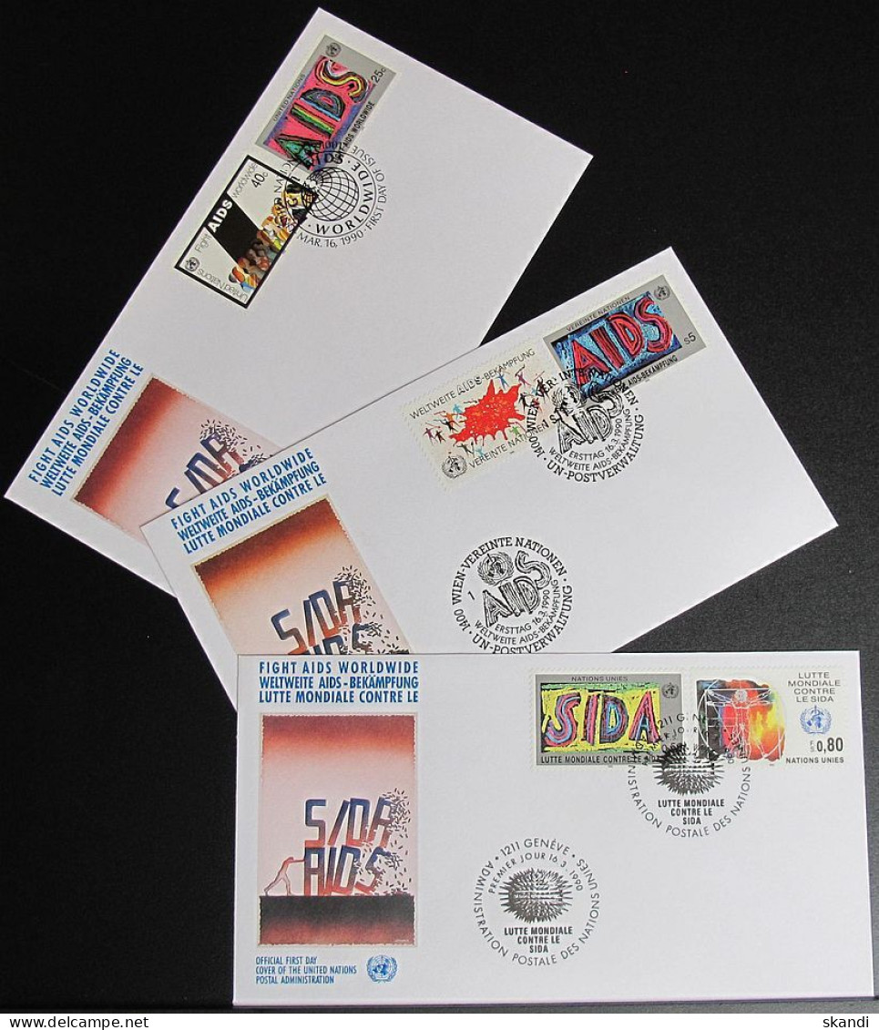 UNO NEW YORK - WIEN - GENF 1990 Aids Bekämpfung 3 FDC - Collections, Lots & Séries