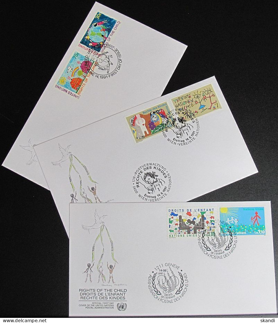 UNO NEW YORK - WIEN - GENF 1991 Rechte Der Kinder 3 FDC - Collections, Lots & Series