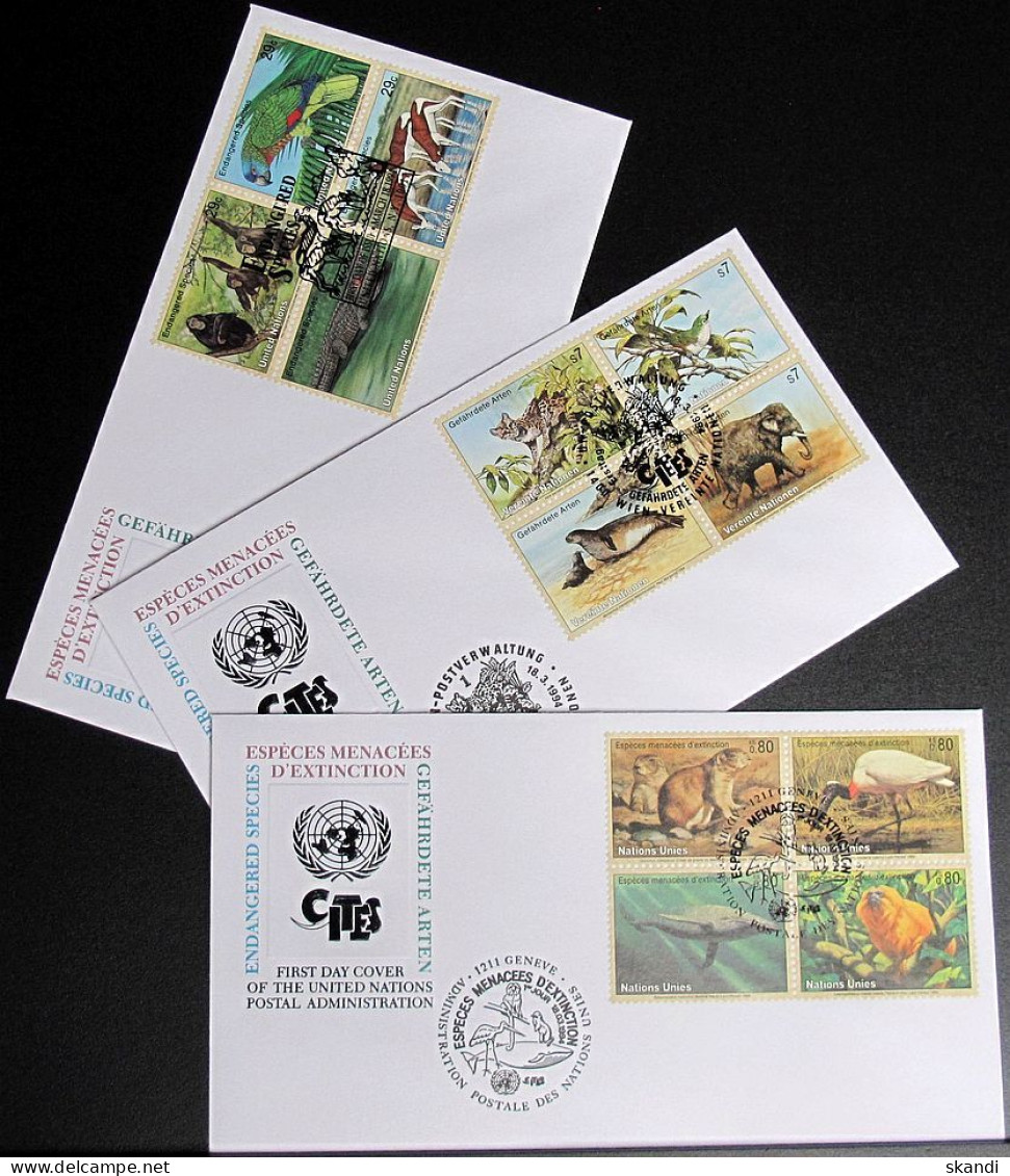 UNO NEW YORK - WIEN - GENF 1994 Gefährdete Arten 3 FDC - Verzamelingen & Reeksen