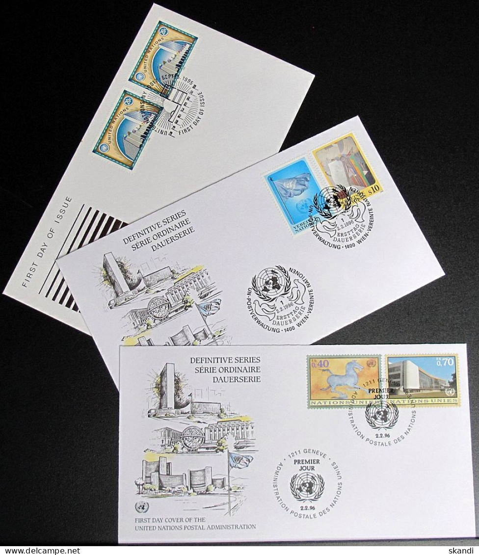 UNO NEW YORK - WIEN - GENF 1996 Dauerserie 3 FDC - Collections, Lots & Series