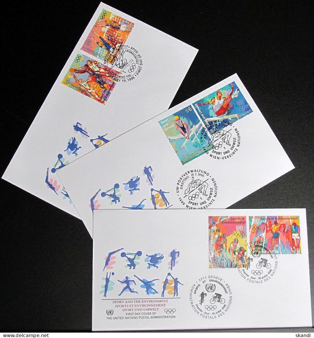 UNO NEW YORK - WIEN - GENF 1996 Sport Und Umwelt 3 FDC - Lots & Serien