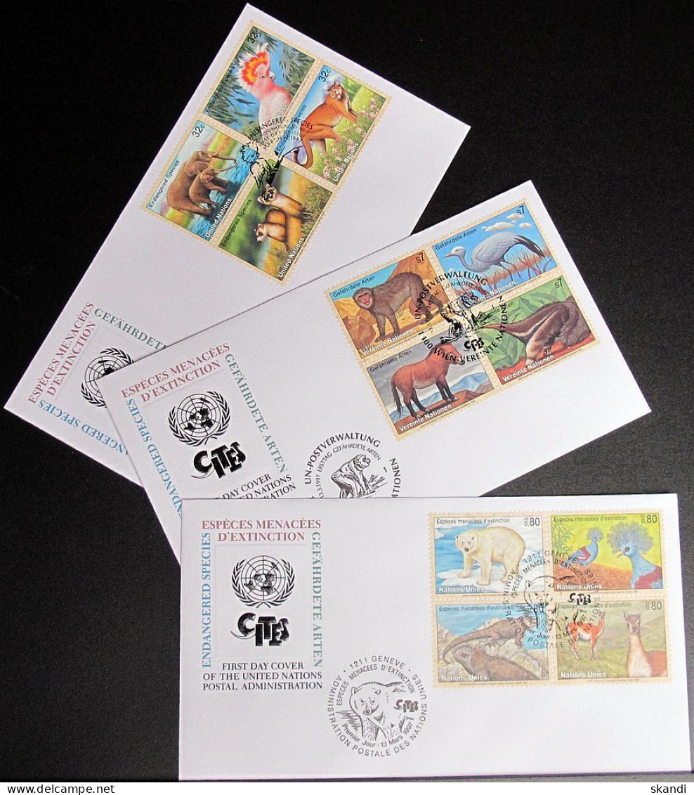 UNO NEW YORK - WIEN - GENF 1997 Gefährdete Arten 3 FDC - Lots & Serien