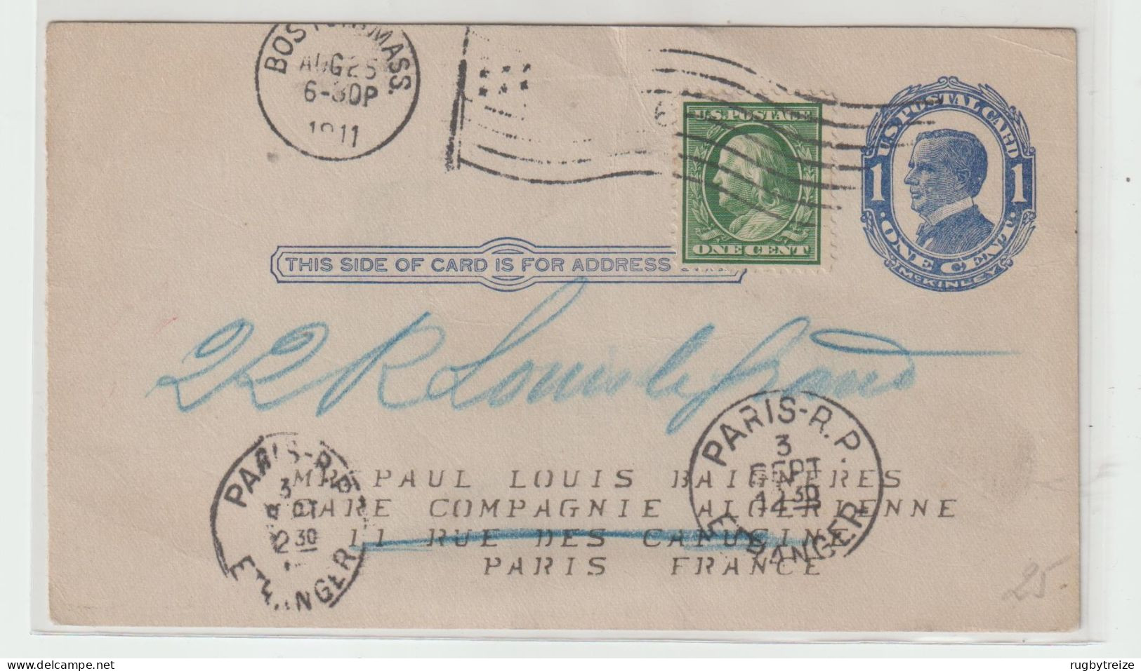 6286 Postal Stationery ENTIER POSTAL 1911 BOSTON MASS. Baignères  PARIS AYER MILLS FLAG DRAPEAU MC KINLEY - 1901-20