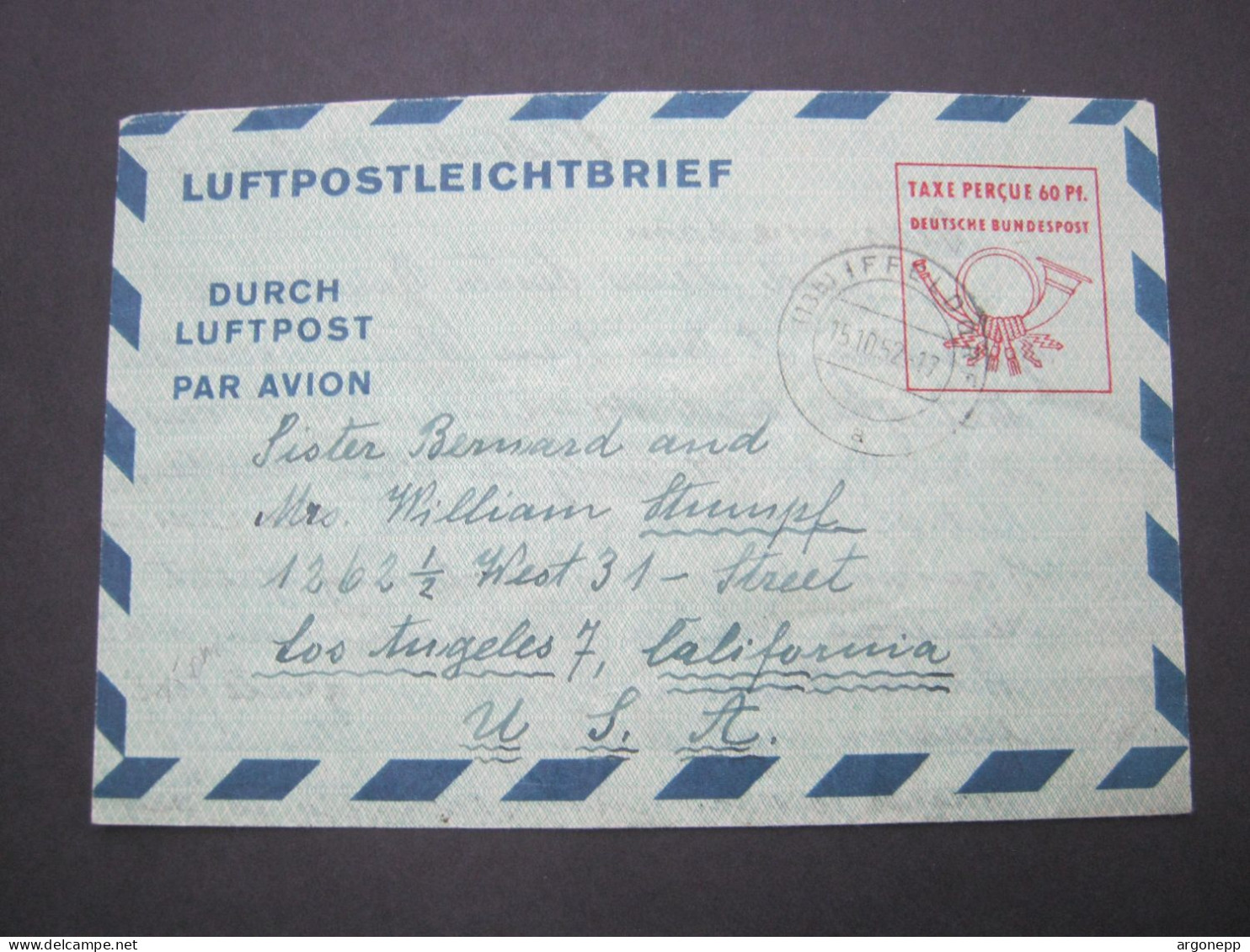 1952 , 60 Pfg. Aerogramm  Aus IFFELDORF In Die USA - Enveloppes - Oblitérées