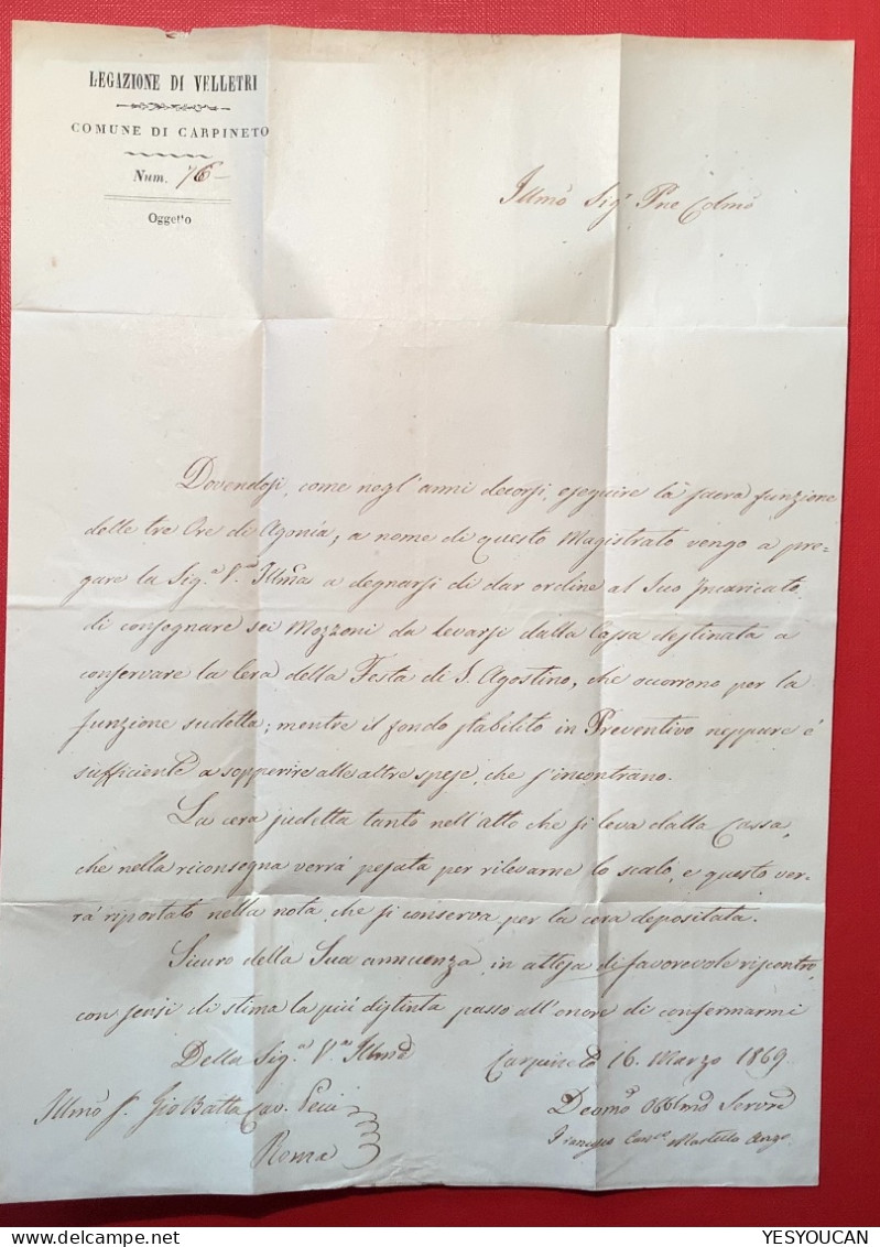 Stato Pontificio Sa.25 SPL ! RARO CARPINETO + SEGNI 1869 (EX PROVERA) Lettera>Roma (Italia Italy Cover Lazio Velettri - Etats Pontificaux